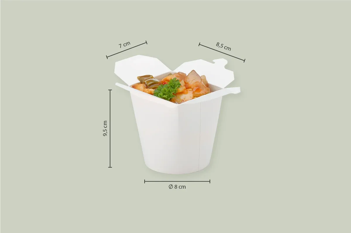 Papp-Asia Box, weiß, 450 ml, L 7,7 x B 7,7 x H 10 cm, PE-Beschichtung, matt (500er Karton)