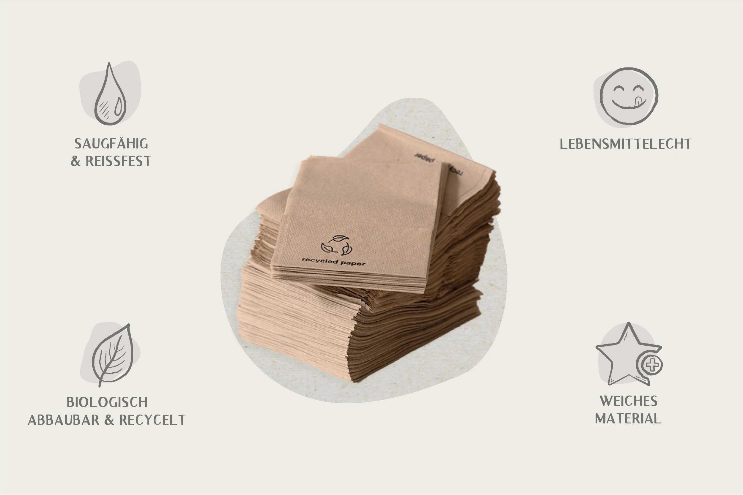 Serviette GET GREEN, beige, L 17 x B 17 cm, gefaltet: L 8,5 x B 12 cm, 1-lagig, 1/4-Falz, weich und saugfähig (12.000er Karton)