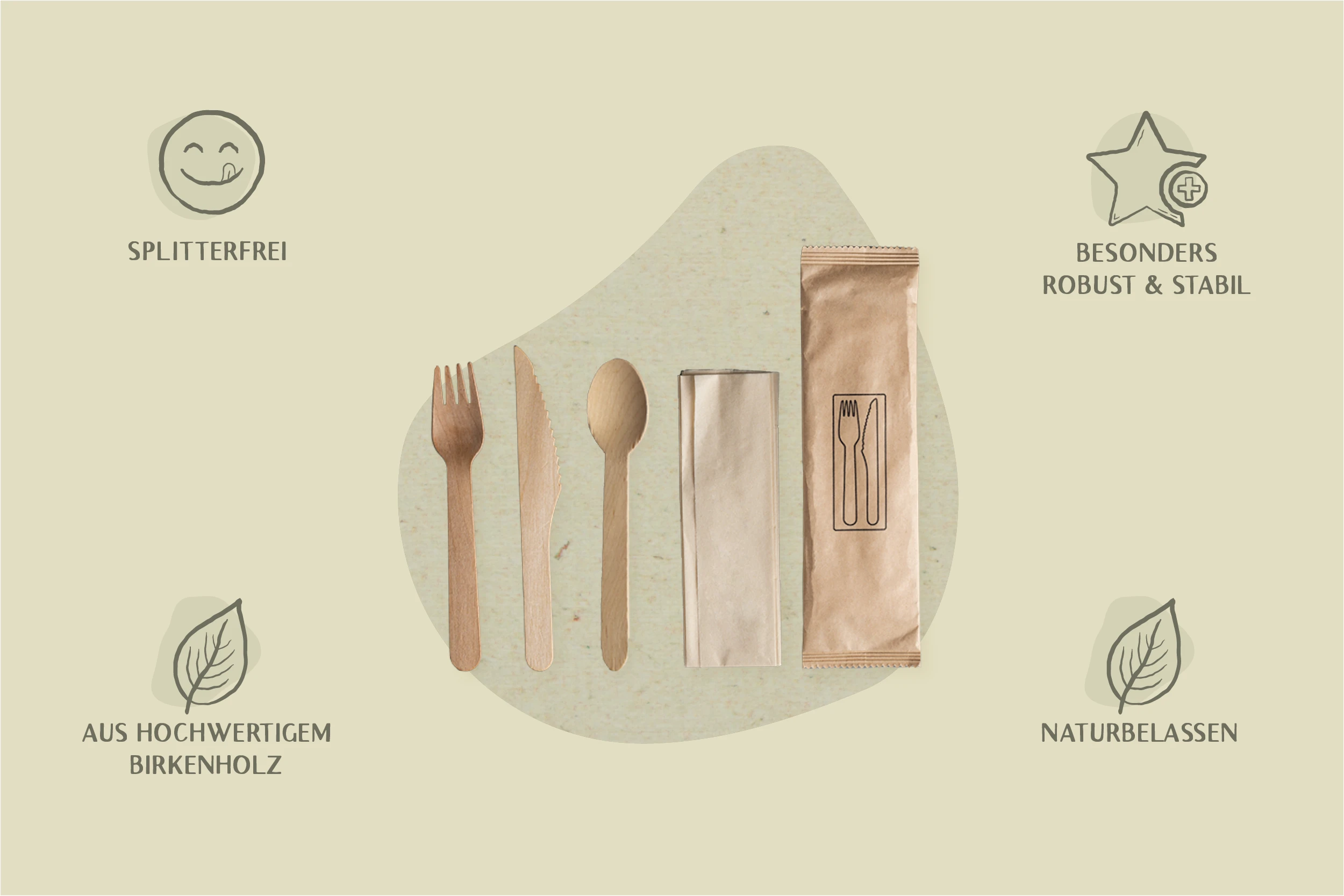 Holzbesteck-Set aus Gabel, Messer, Löffel und Serviette, 16 cm (500er Karton)