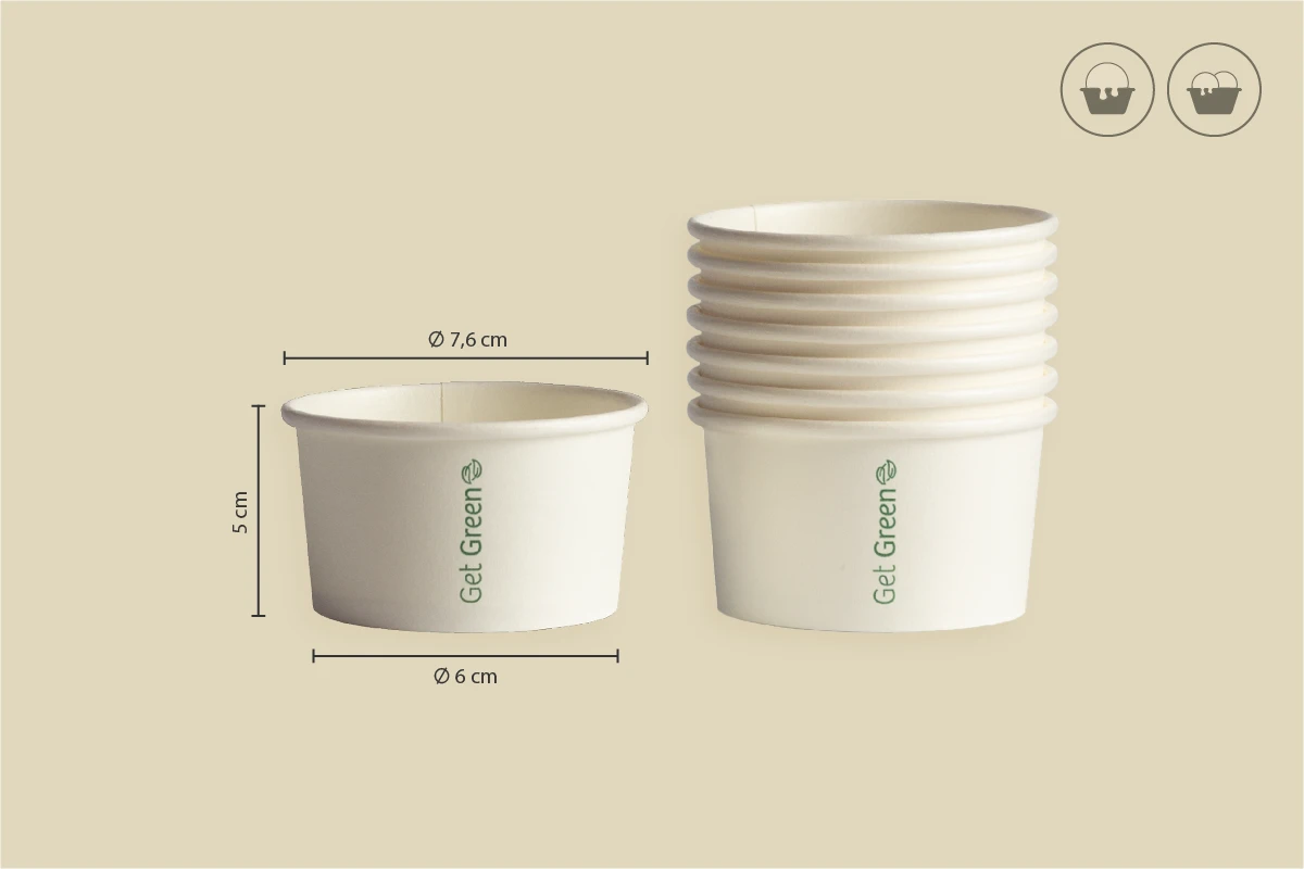 Papp-Eisbecher GET GREEN, weiß, 140 ml, Ø oben 7,5 x Ø unten 6 x Höhe 5 cm, matt (1.000er Karton)