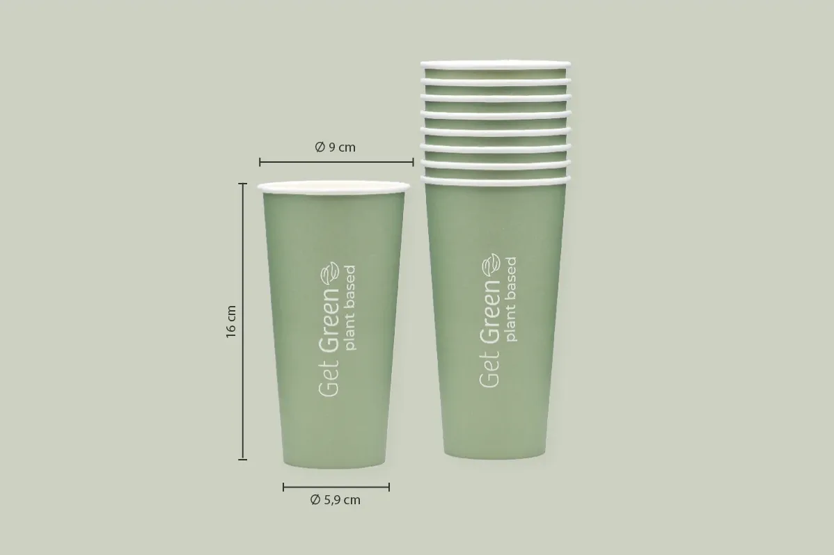 Papp-Trinkbecher GET GREEN, grün, 500 ml, Ø oben 9 x Ø unten 5,9 x Höhe 16,4 cm, mit wasserbasierter Beschichtung, 1-wandig, matt (1.000er Karton)