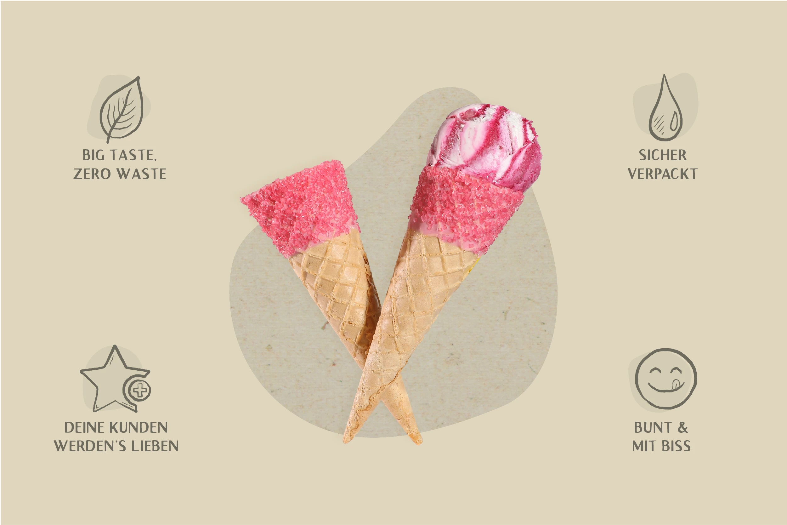 Süße Waffeltüte "Gretel", Ø 5,3 x 16cm, mit rosa Glasur und Streuseln, für 1-2 Kugeln, Kt. Nr. S5244 (140er Karton)
