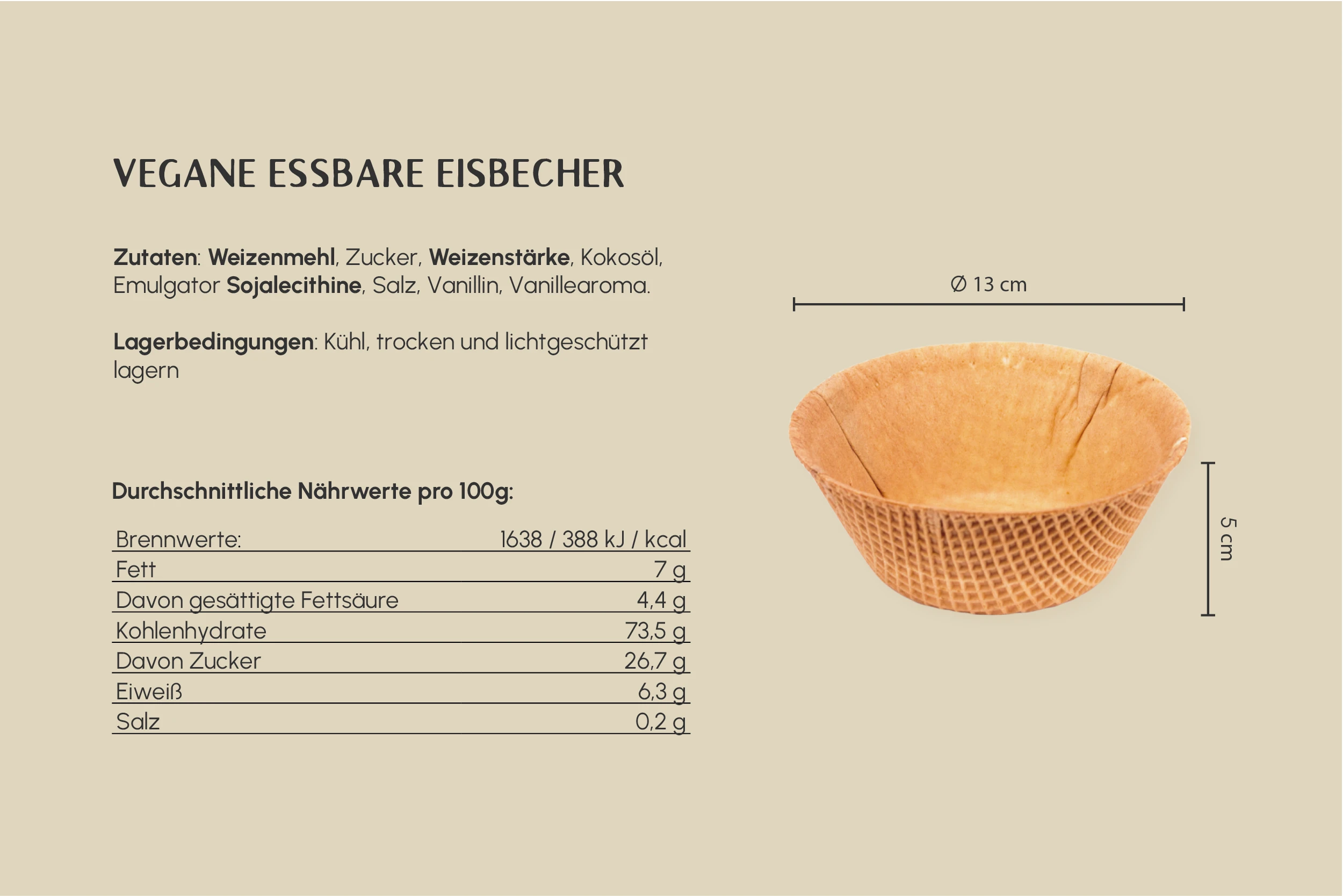 Vegane Waffelbecher, süß, rund, 410 ml, ca. Ø 13 x H 5 cm, glatter Rand, für 5-6 Kugeln (Spaghetti-Eis), Kt. Nr. VEG 43 (99er Karton)