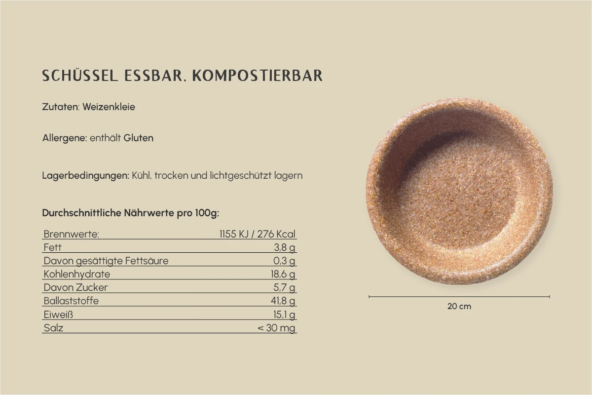 Essbare Schüssel, braun, rund, Ø 20 cm, 400 ml, kompostierbar (100er Karton)