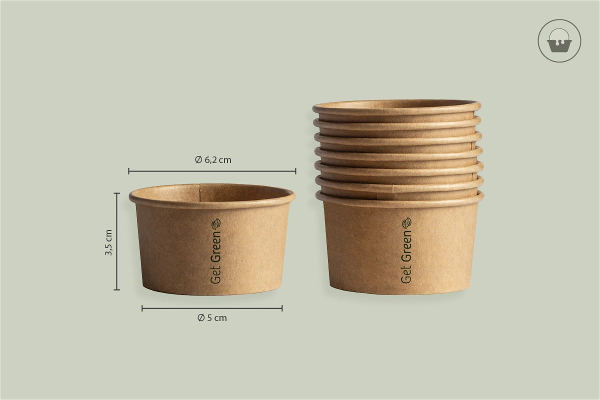 Papp-Eisbecher GET GREEN, Braun, 70 ml, Ø oben 6,2 x Ø unten 5 x Höhe 3,5 cm, matt (2.000er Karton)