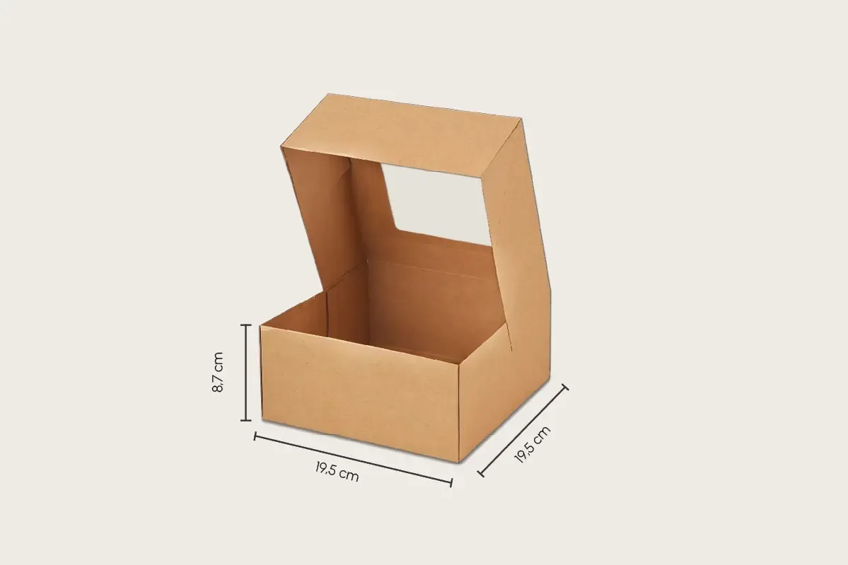 Papp-Tortenkarton mit Sichtfenster, braun, L 19,5 x B 19,5 x H 8,7 cm (264er Karton)