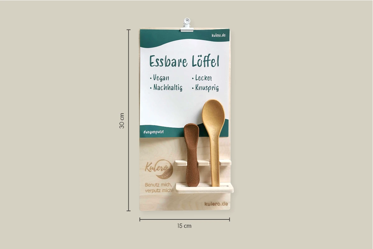 Holzdisplay mit Schild für essbare Löffel & Göffel