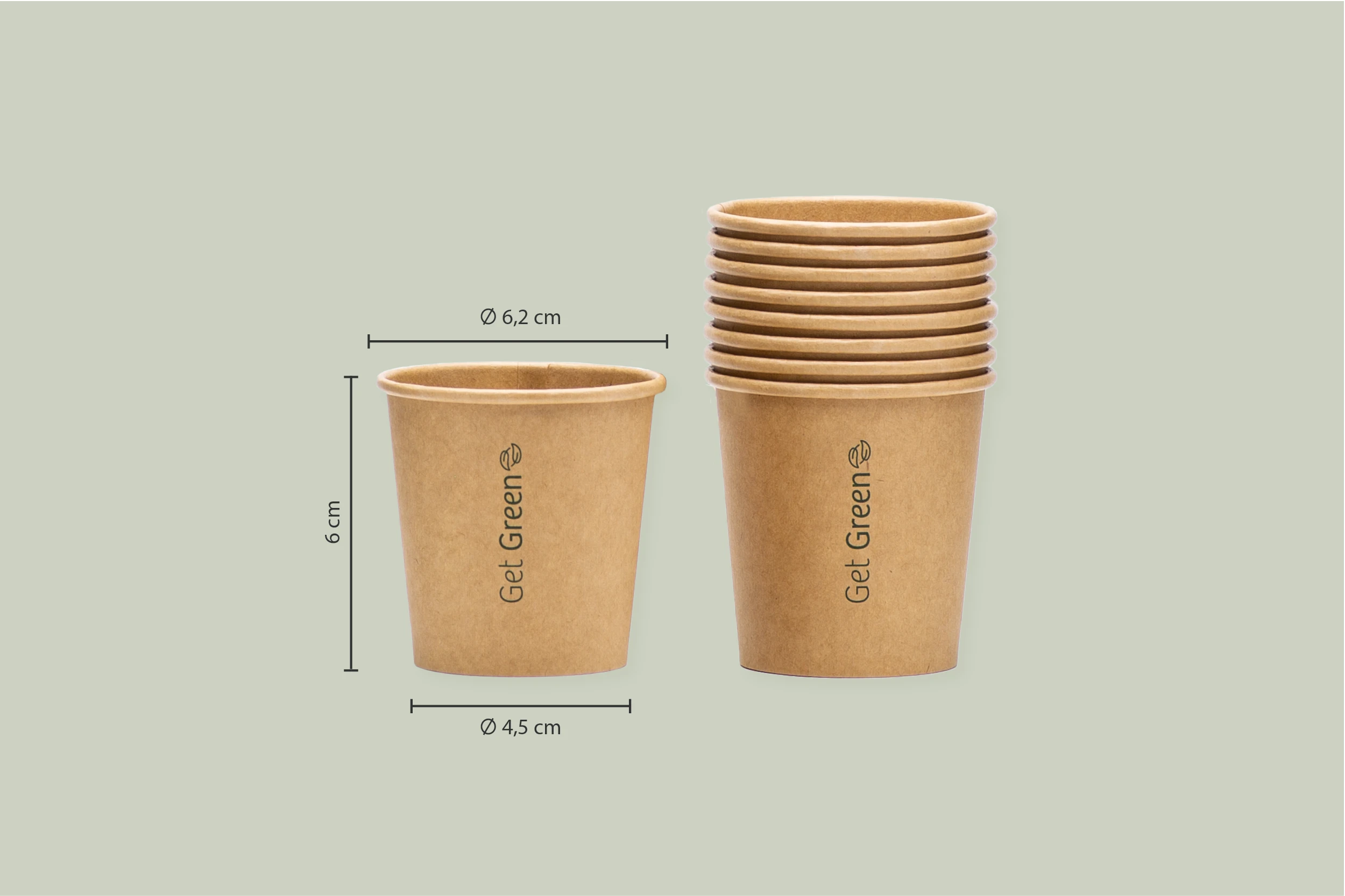 Papp-Trinkbecher GET GREEN, braun, 100 ml, Ø oben 6,2 x Ø unten 4,5 x Höhe 6 cm, 1-wandig (1.000er Karton)