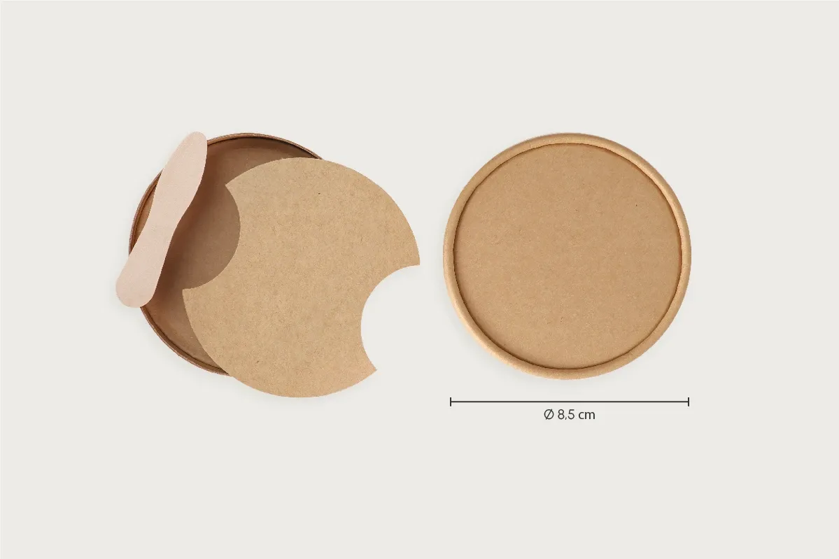 Papp-Deckel braun Ø 8,5 cm mit Holzlöffel, unbedruckt, beidseitige PE-Beschichtung (1000er Karton)