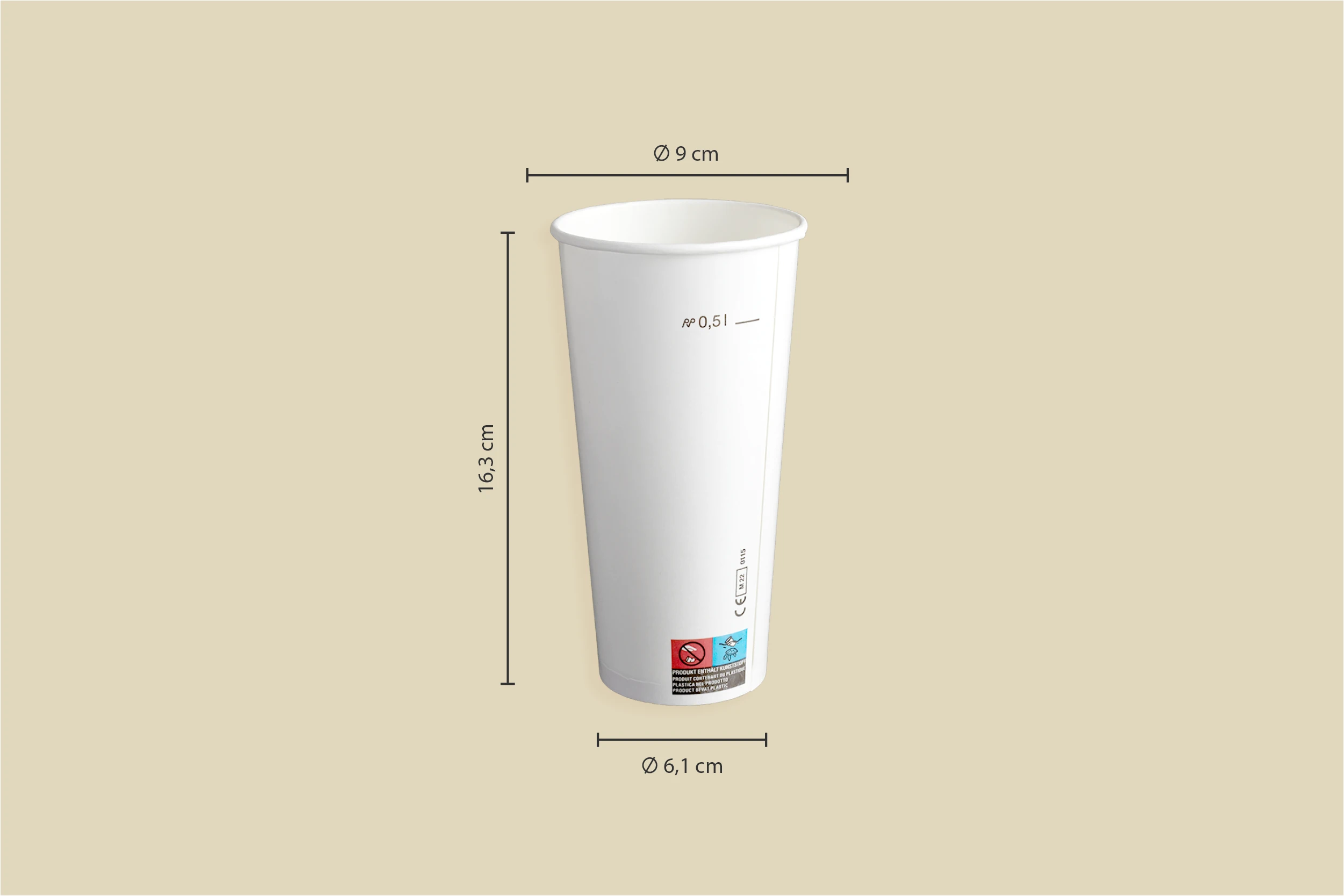Papp-Trinkbecher für Kalt- & Heißgetränke, weiß, 500 ml, Ø oben 9 x Ø unten 6,1 x Höhe 16,3 cm, 1-wandig (1.000er Karton)
