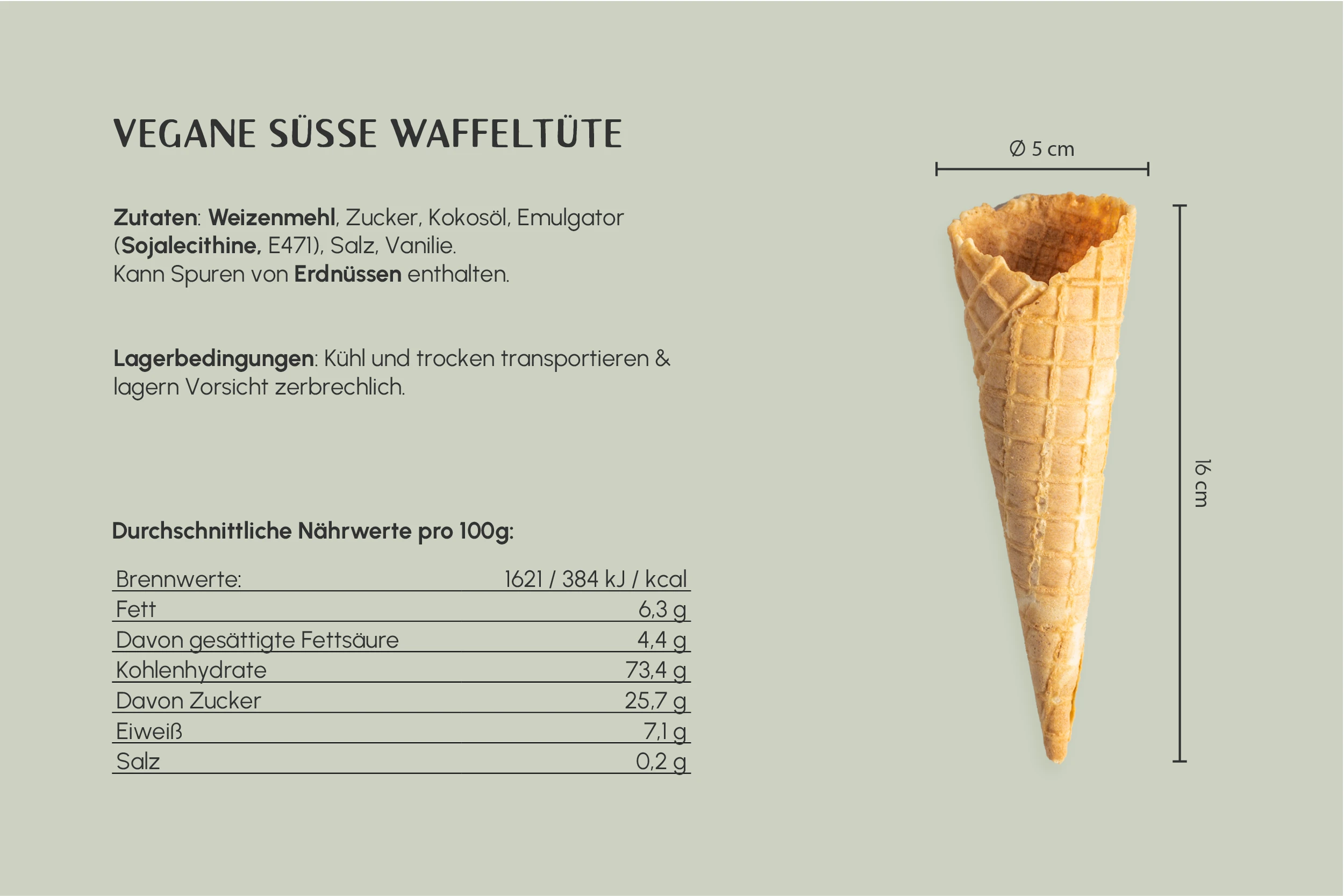 Vegane süße Waffeltüte, hell, Ø 5 x H 16 cm, große Karo, ohne Rand, KT. Nr. VEG 50 (400er Karton)