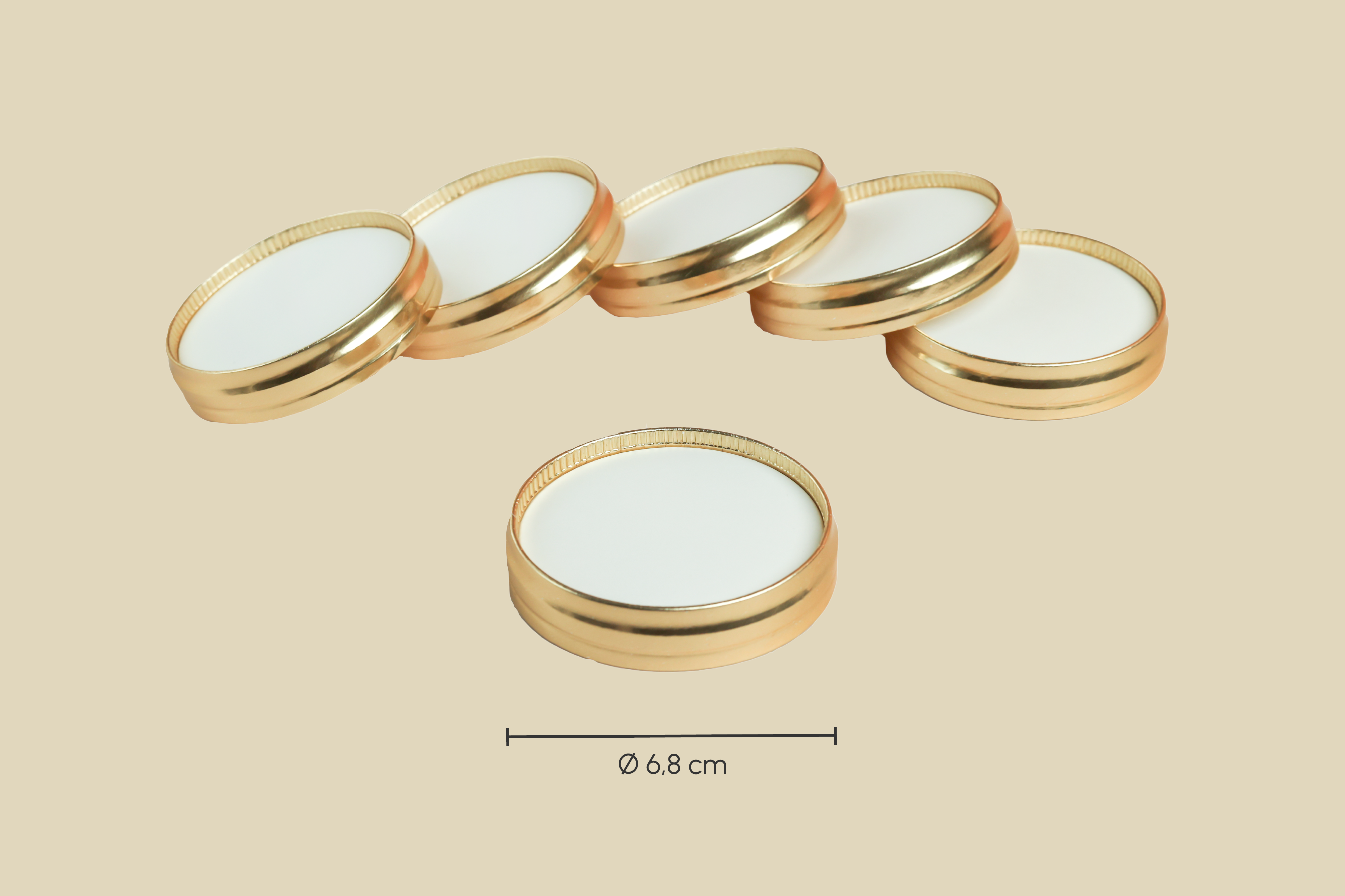 Papp-Deckel, weiß, Ø6,8cm, unbedruckt, mit goldenem Deckelrand & Holzlöffel, Beidseitig PE-Beschichtet(1.000er Karton)
