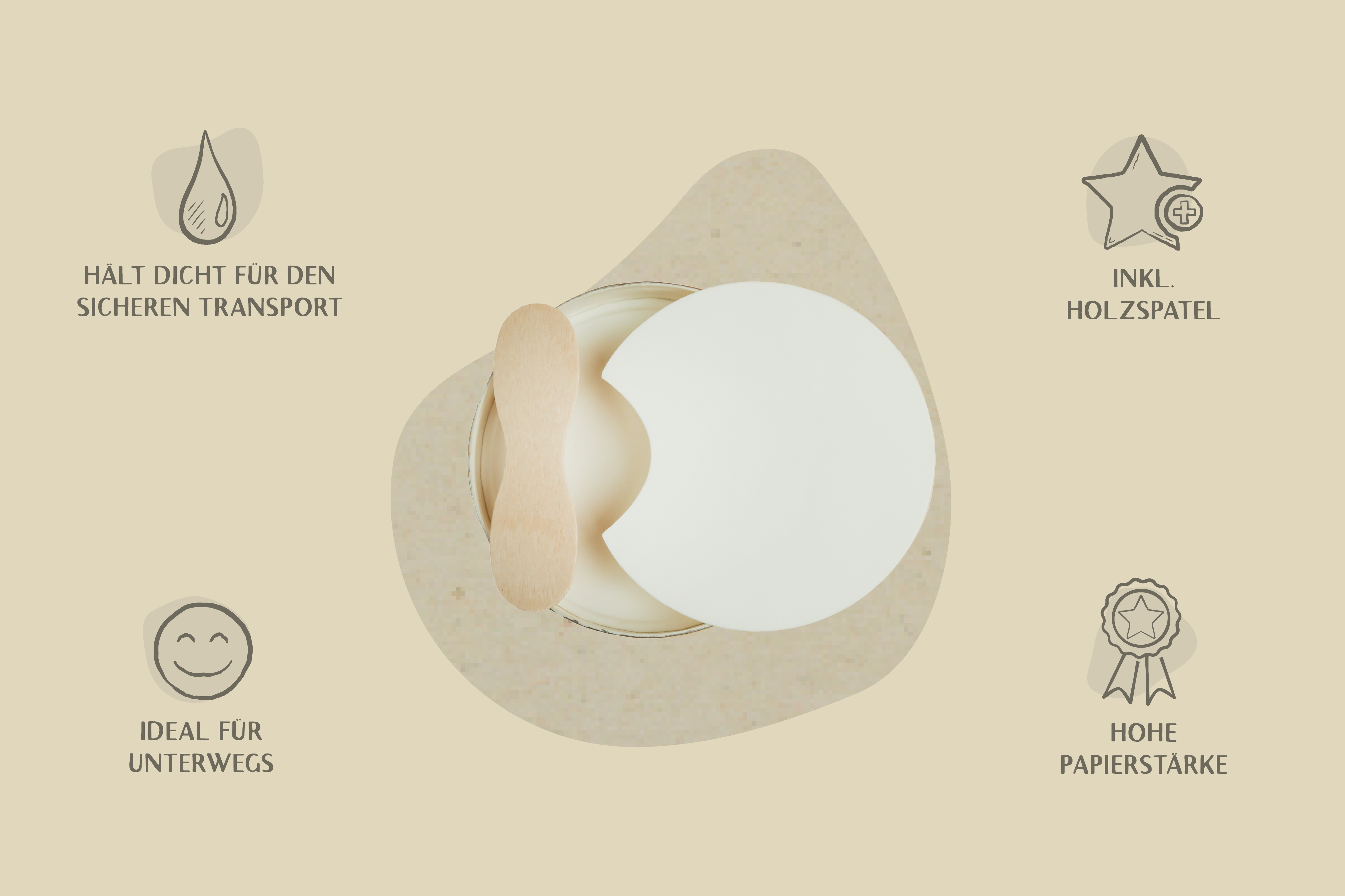 Papp-Deckel, weiß, Ø6,8cm, unbedruckt, mit goldenem Deckelrand & Holzlöffel, Beidseitig PE-Beschichtet(1.000er Karton)