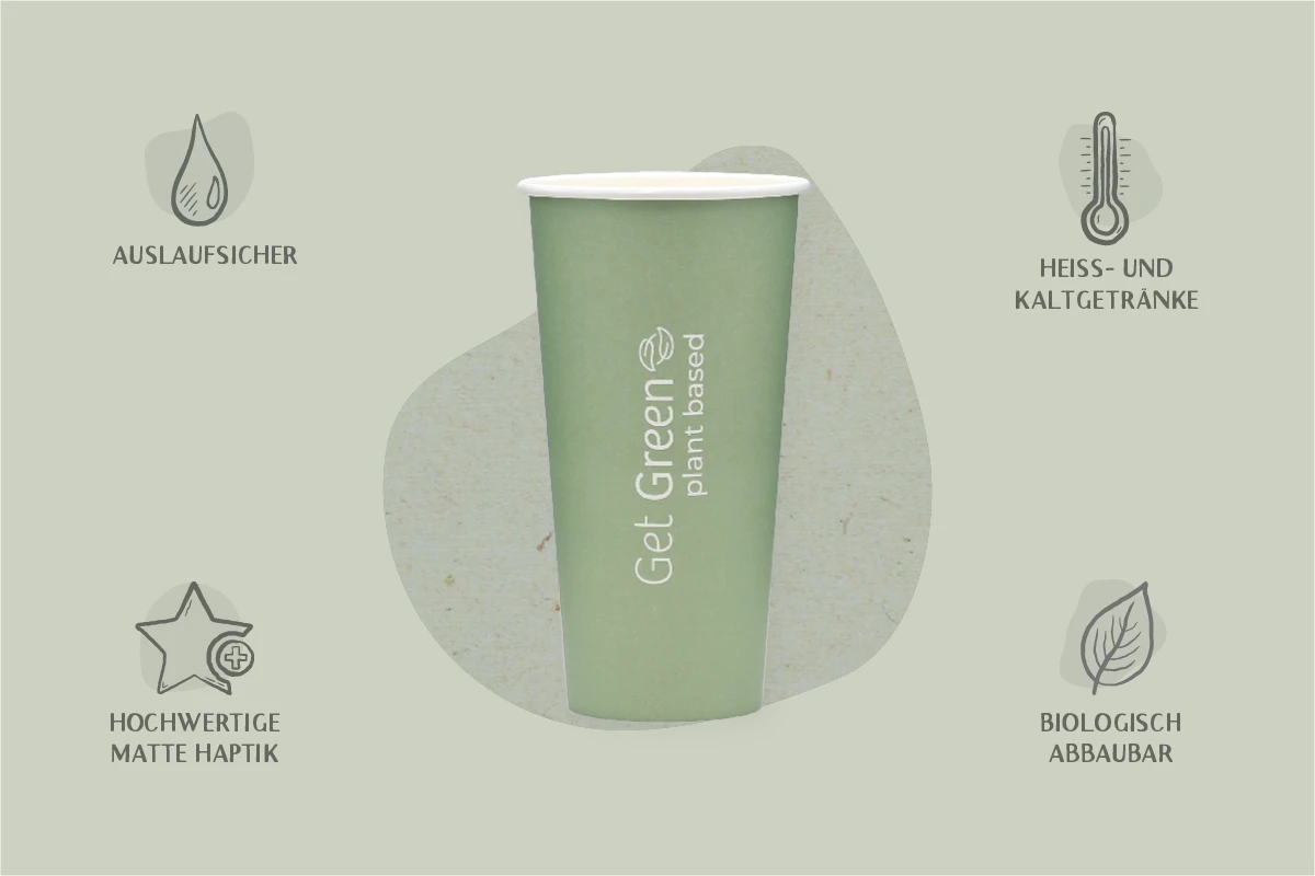 Papp-Trinkbecher GET GREEN, grün, 500 ml, Ø oben 9 x Ø unten 5,9 x Höhe 16,4 cm, mit wasserbasierter Beschichtung, 1-wandig, matt (1.000er Karton)
