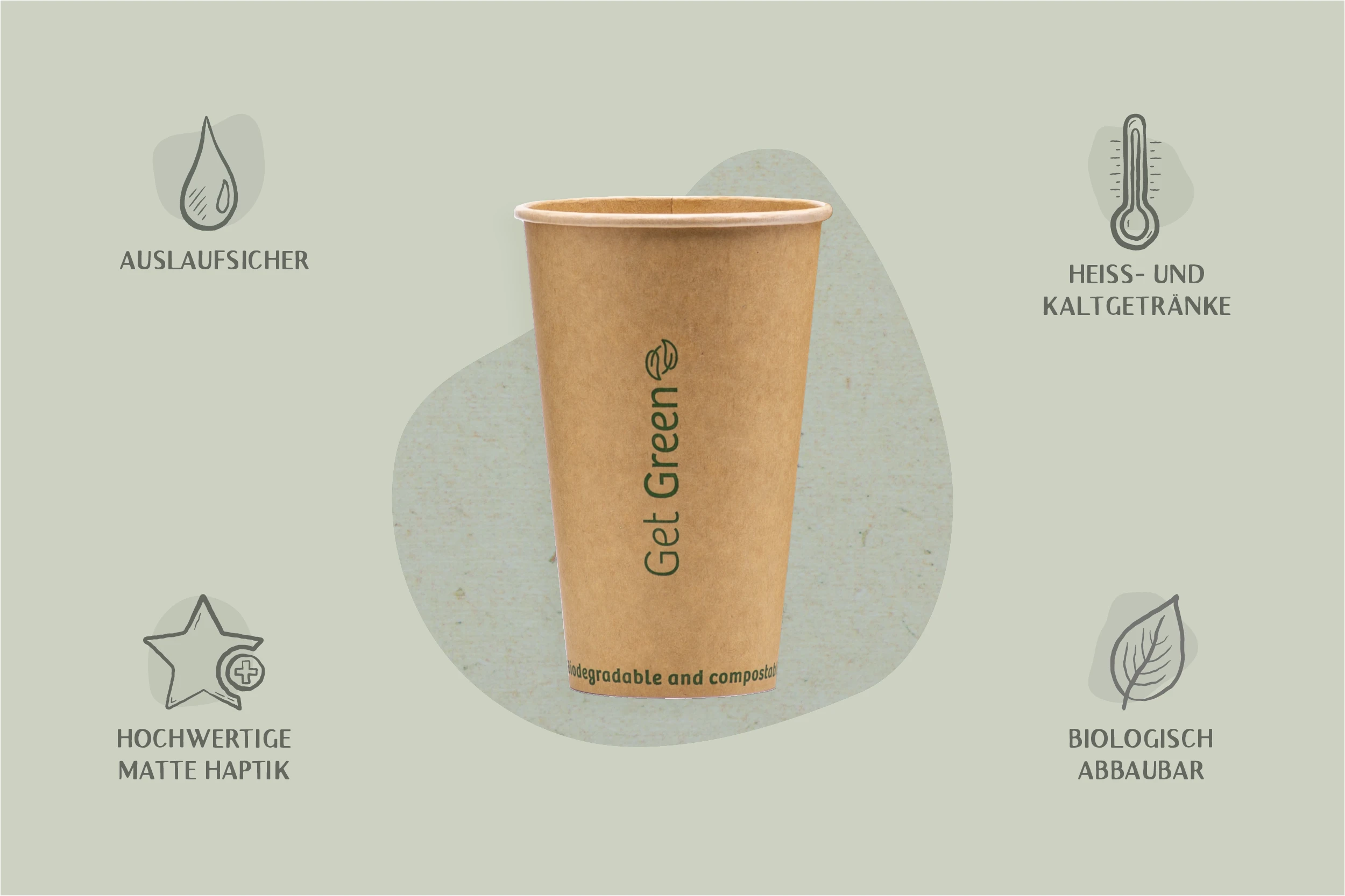 Papp-Trinkbecher GET GREEN, braun, 400 ml, Ø oben 9 x Ø unten 5,9 x Höhe 13,5 cm, 1-wandig (1.000er Karton)