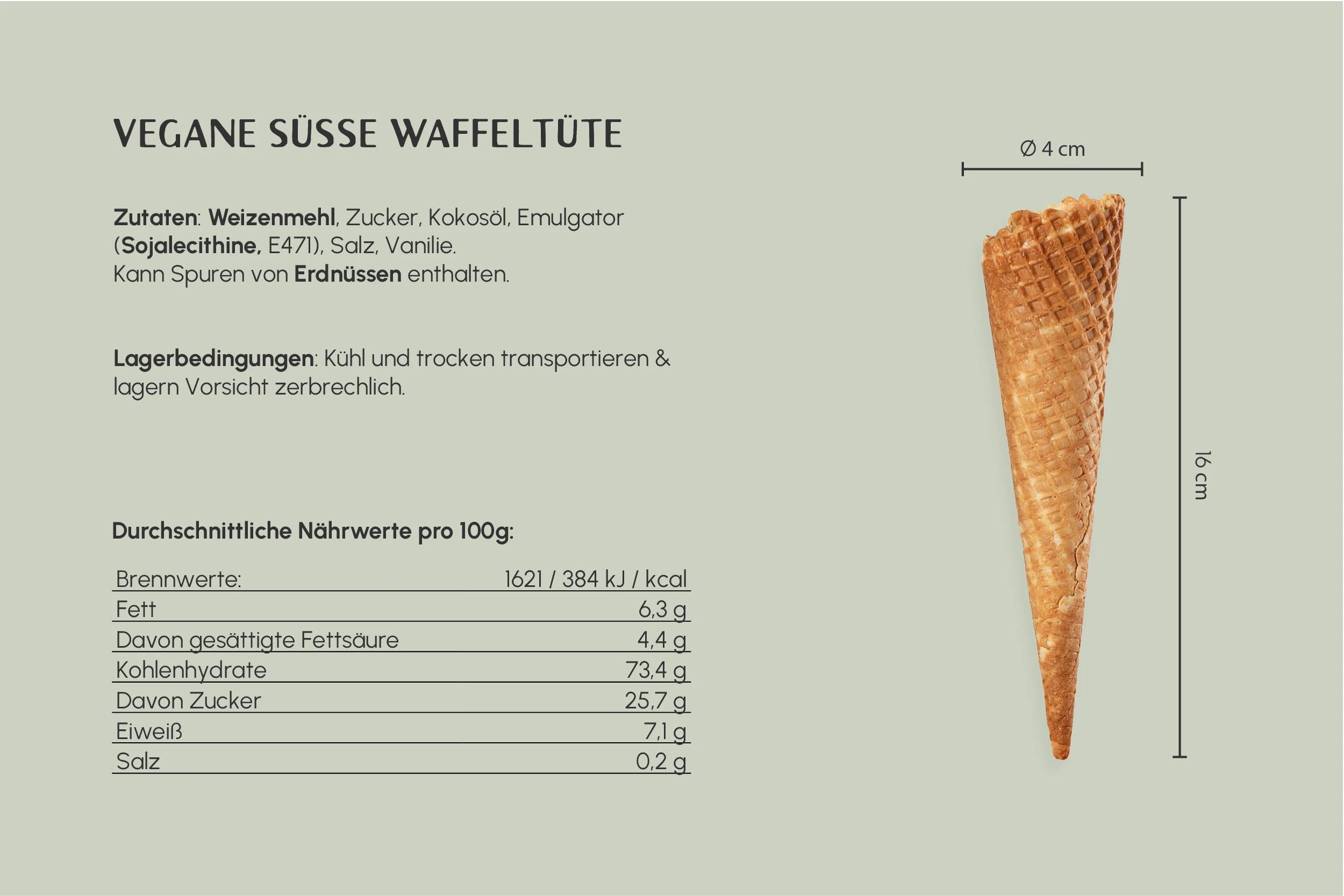 Vegane süße Waffeltüte, hell, Ø 4,1 x H 16 cm, kleine Karo, ohne Rand, für 1 Kugel, Kt. Nr. VEG 38 (390er Karton)