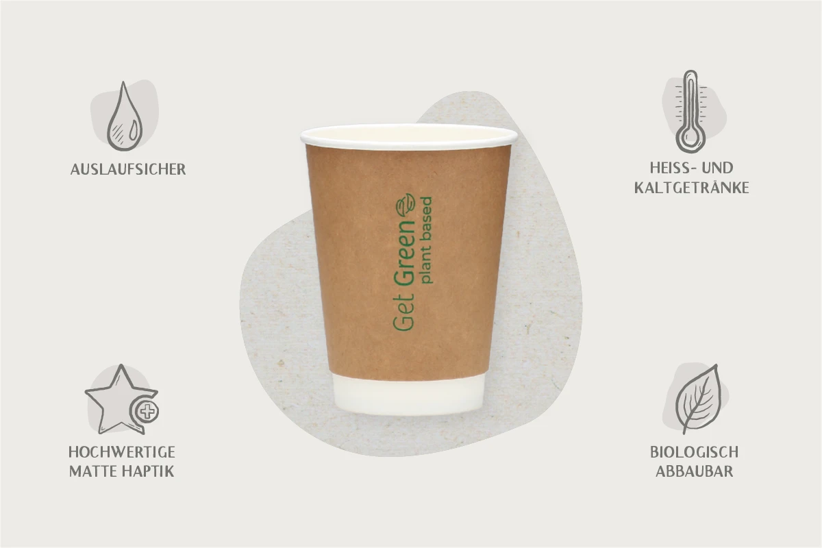 Papp-Trinkbecher GET GREEN, braun, 300 ml, Ø oben 9 x Ø unten 5,9 x Höhe 11 cm, wasserbasierter Beschichtung, 2-wandig, matt (500er Karton)