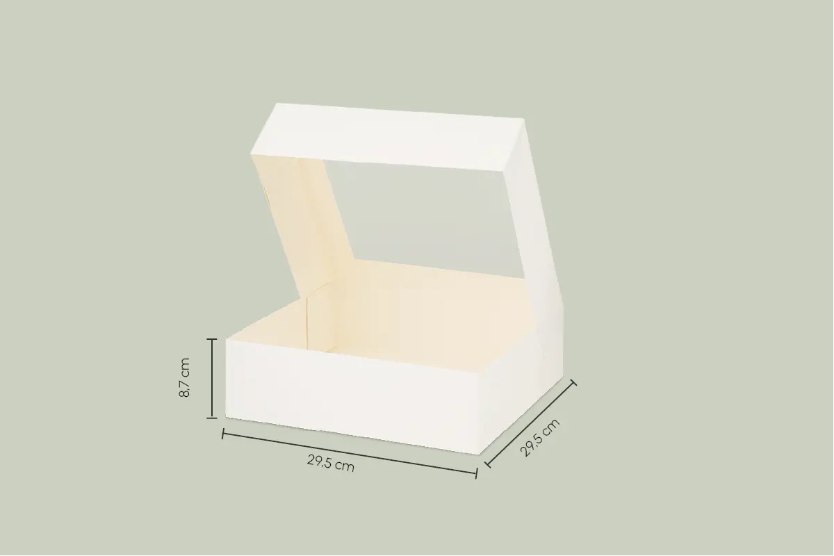 Papp-Tortenkarton mit Sichtfenster, weiß, L 29,5 x B 29,5 x H 8,7 cm (Sichtfenstergröße: L 22,7 x B 21,5 cm) (192er Karton)
