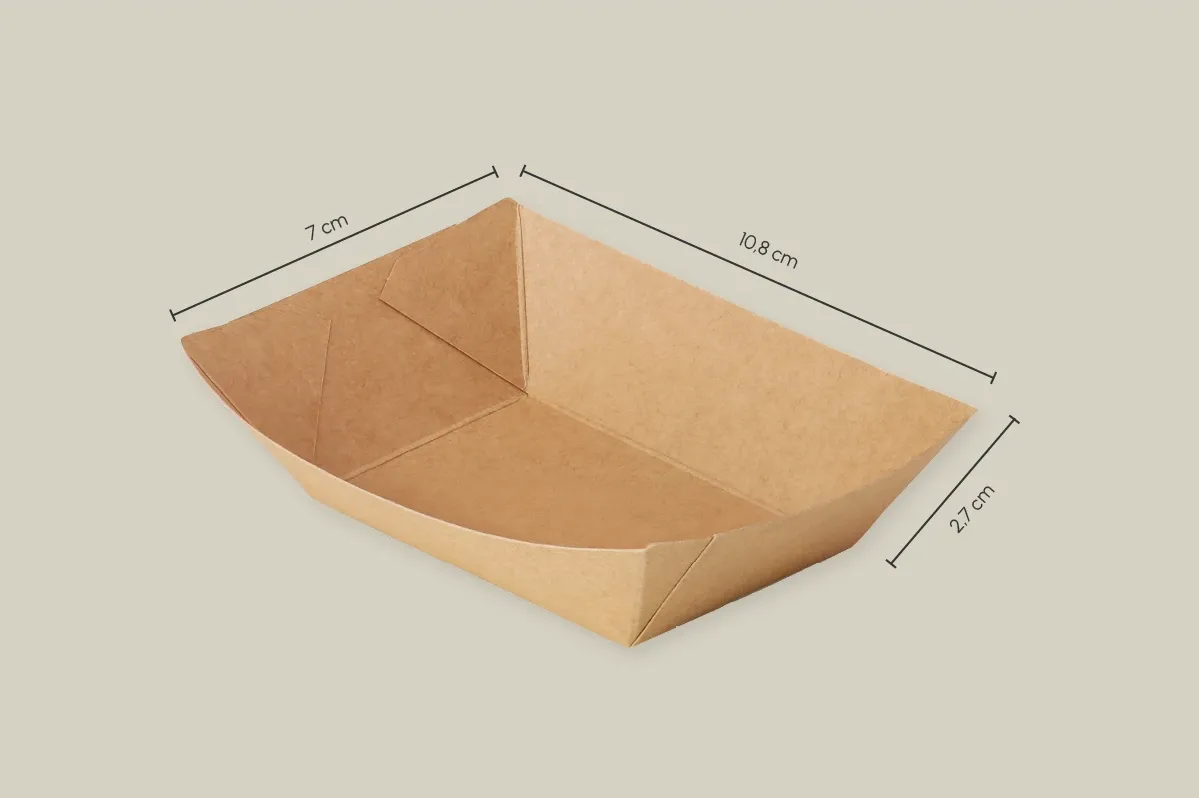 Papp-Snackschale, braun, 120 ml, oben L 10,8 x B 7 x H 2,7 cm/ unten L 7,3 x 4,7cm, matt (1.000er Karton)