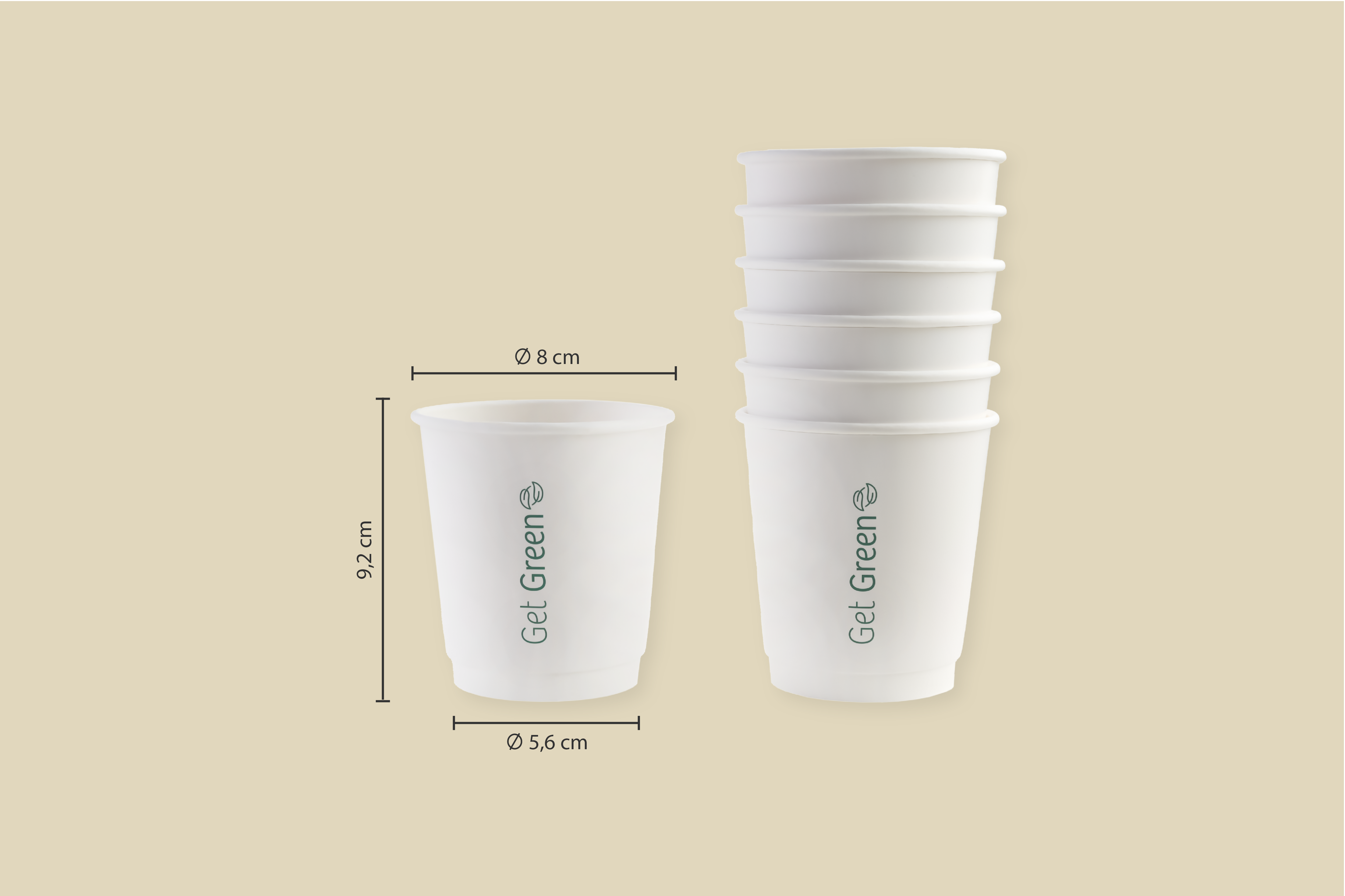 Papp-Trinkbecher, weiß, Get Green, 200ml, Ø oben 8 x Ø unten 5,6 x Höhe 9,2 cm, PE-Beschichtung, matt, 2-wandig (500er Karton)