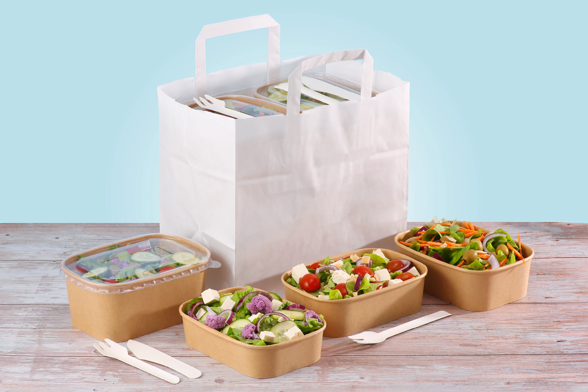 Papp-Salatschale GET GREEN, braun, eckig, 500 ml, L 17,3 x B 12,4 x H 4,5 cm, mit PE-Beschichtung, matt (300er Karton)