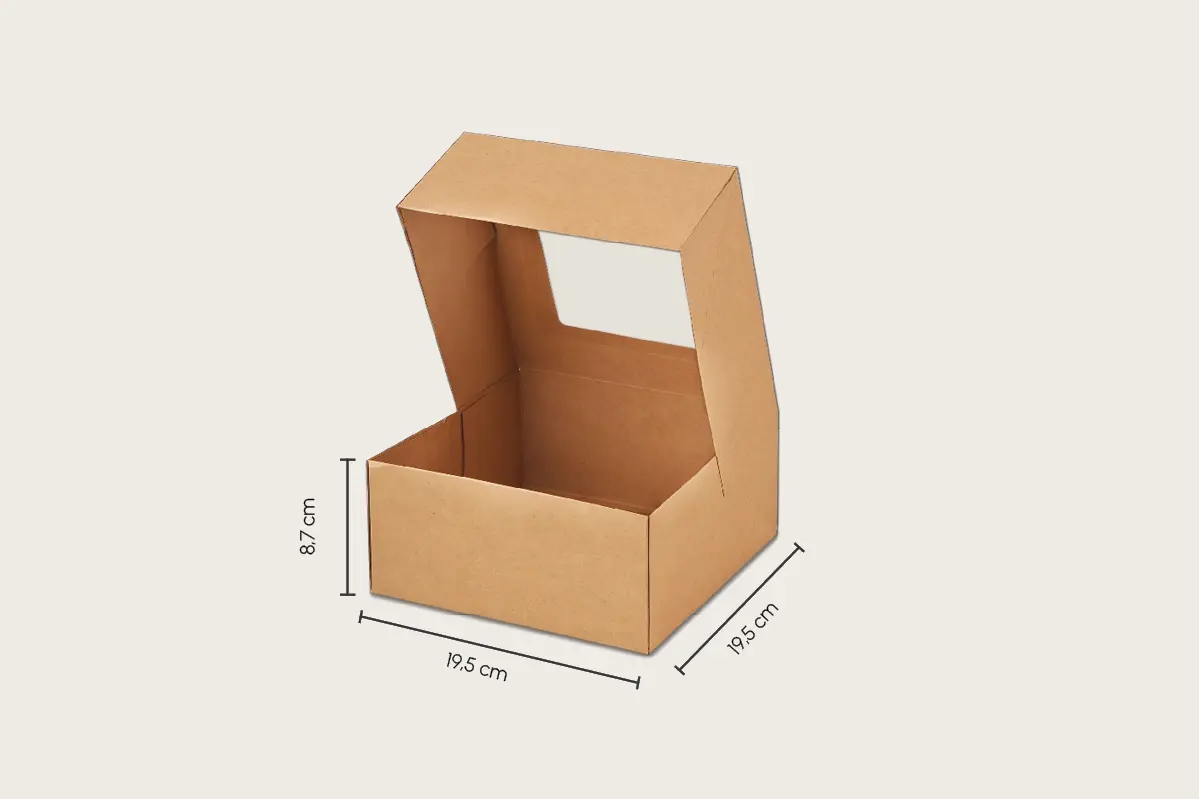 Papp-Tortenkarton mit Sichtfenster, braun, L 19,5 x B 19,5 x H 8,7 cm (264er Karton)