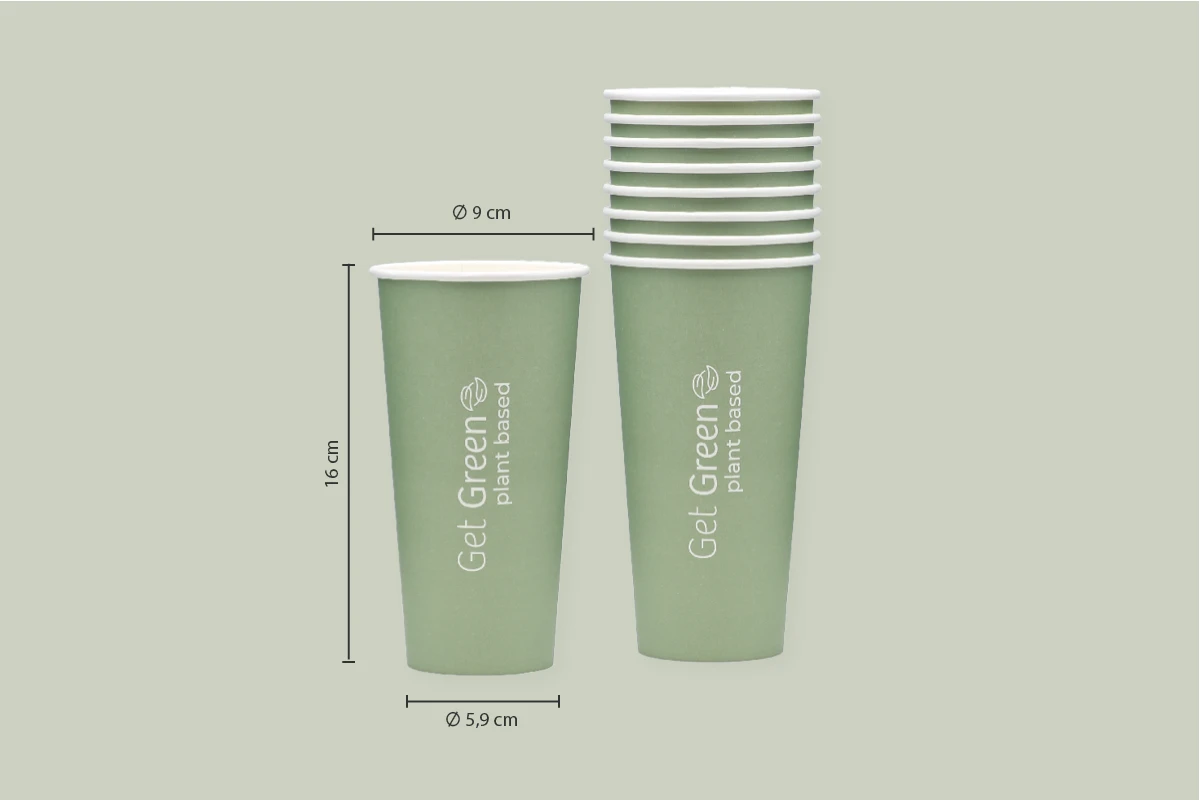 Papp-Trinkbecher GET GREEN, grün, 500 ml, Ø oben 9 x Ø unten 5,9 x Höhe 16,4 cm, mit wasserbasierter Beschichtung, 1-wandig, matt (1.000er Karton)