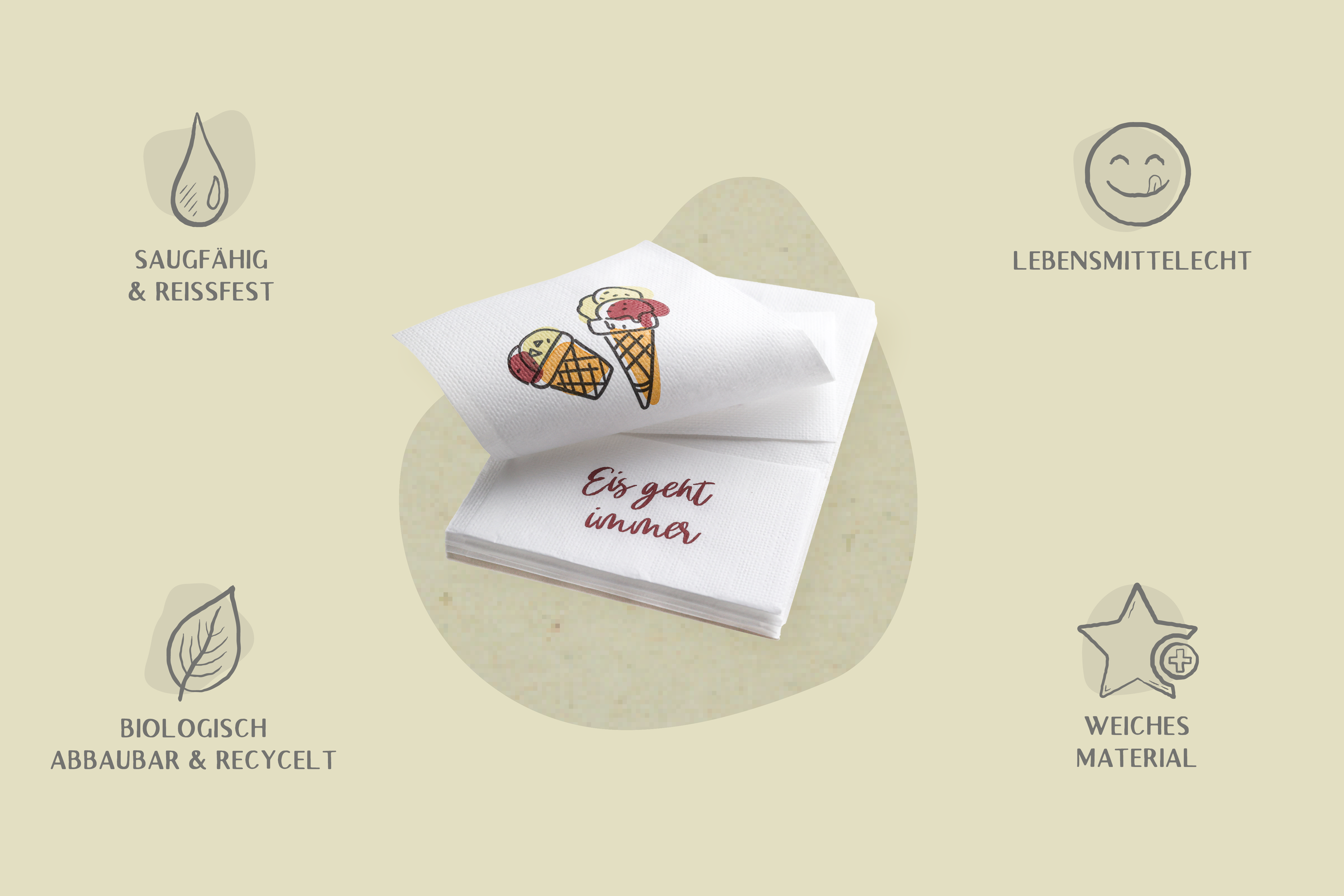 Serviette, weiß, Eis geht immer, L 17 x B 17 cm, gefaltet: L 8,5 x B 12 cm, 1-lagig, 1/4-Falz (12.000er Karton)