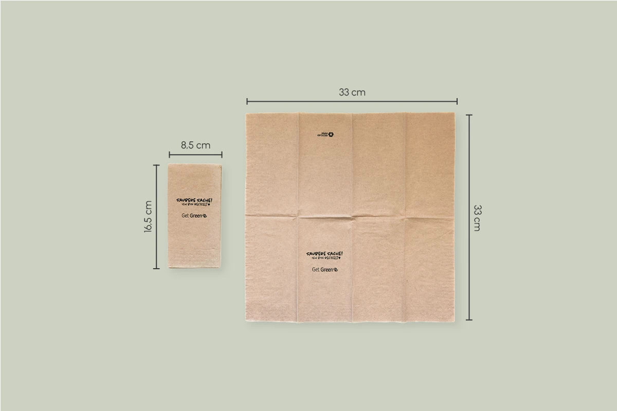 Serviette GET GREEN, beige, L 33 x B 33 cm, gefaltet: L 8,5 x B 16,5 cm, 2-lagig, 1/8-Falz, weich und saugfähig (2.400er Karton)