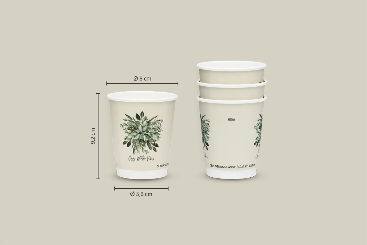 Papp-Trinkbecher *Winter Vibes* 200ml, 2-wandig, Ø oben 8 x Ø unten 5,6 x Höhe 9,2 cm, matt, PE-Beschichtung (500er Karton)