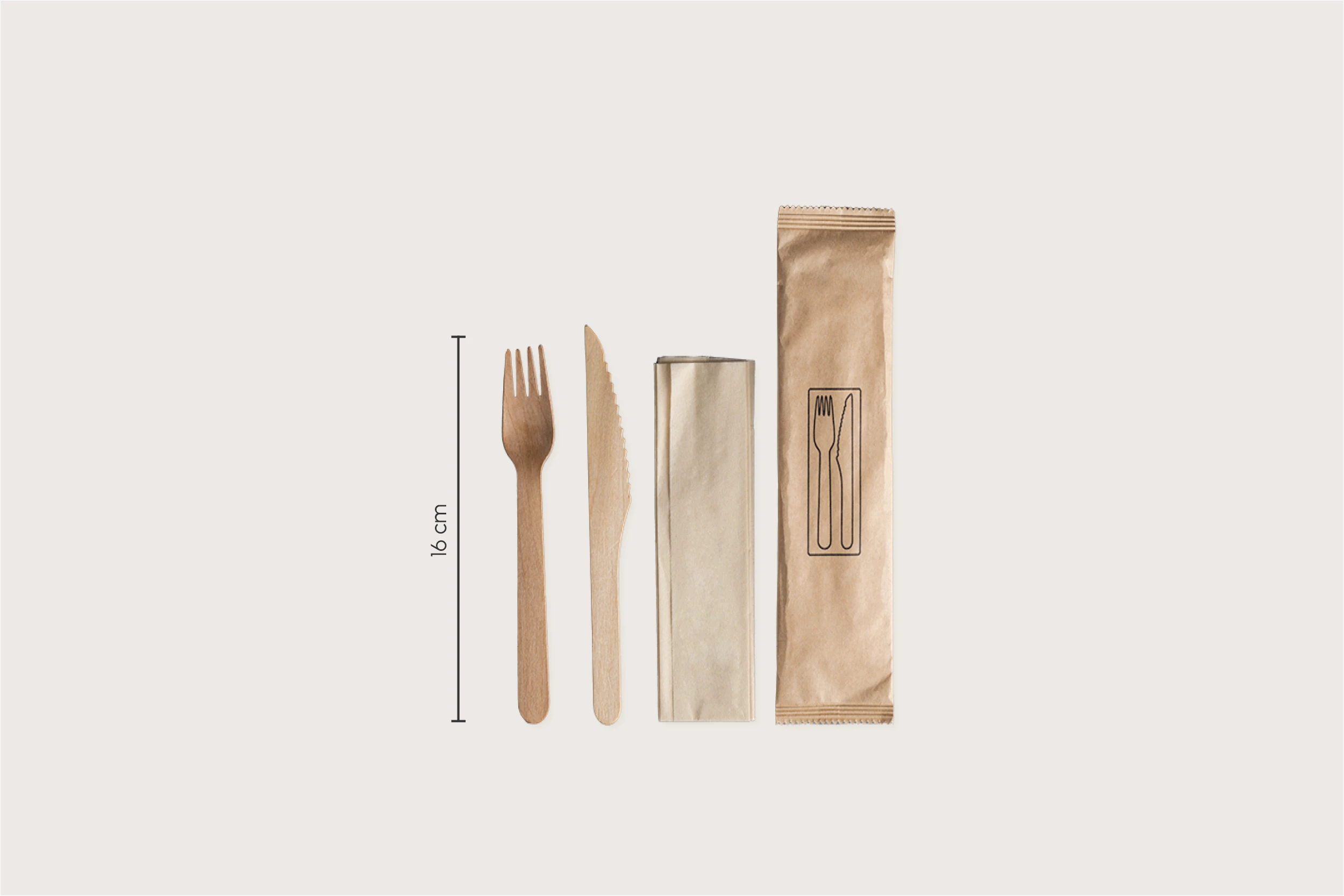 Holzbesteck-Set aus Gabel, Messer und Serviette, 16 cm (500er Karton)