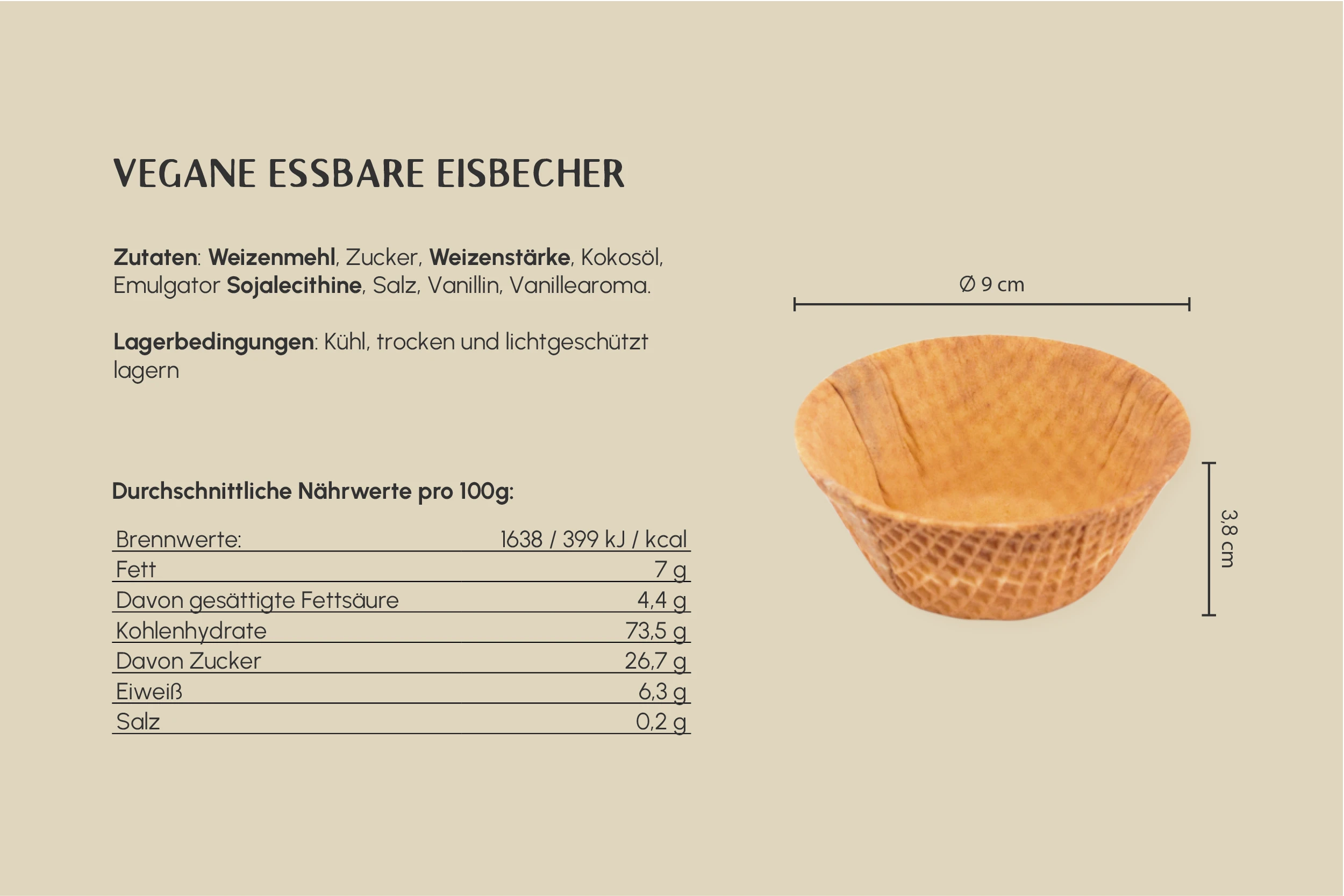 Veganer Waffelbecher, hell, rund, 120 ml, ca. Ø 9 x H 3,8 cm, für 2 Kugeln, Kt. Nr. VEG 41 (288er Karton)