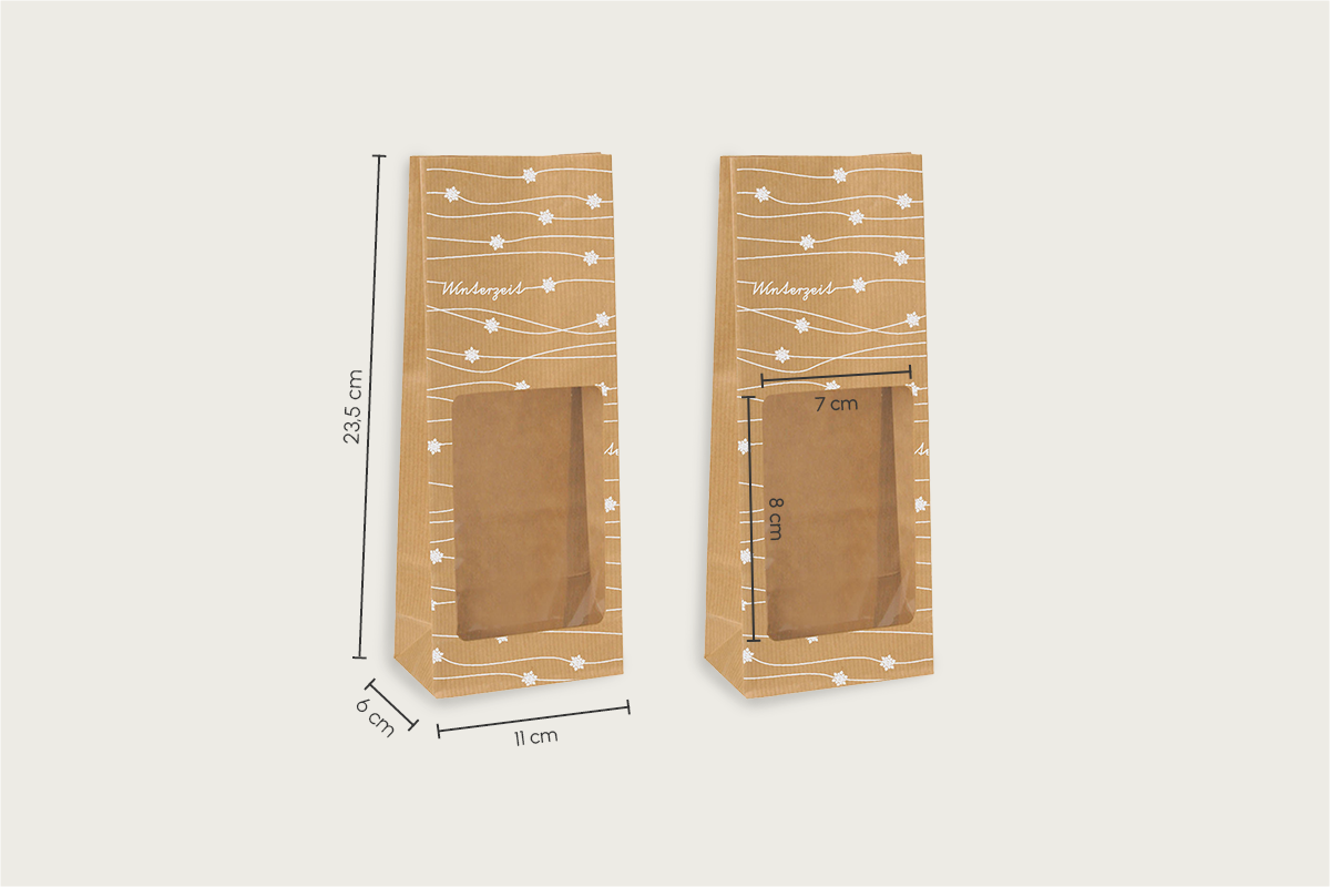 Blockbodenbeutel mit Schichtfenster, braun, 11x6x23,5 cm, Sichtfenster: 7x8cm, Winterzeit (500er Karton)