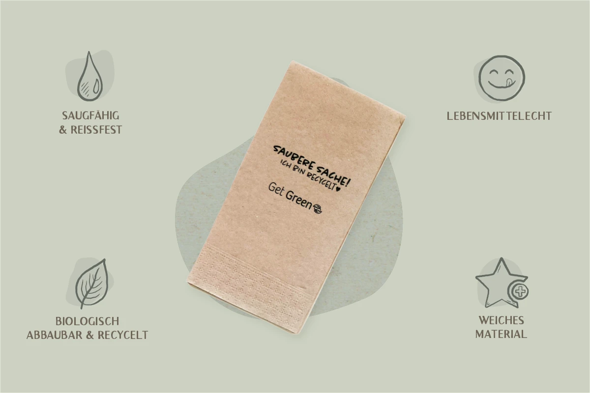 Serviette GET GREEN, beige, L 33 x B 33 cm, gefaltet: L 8,5 x B 16,5 cm, 2-lagig, 1/8-Falz, weich und saugfähig (2.400er Karton)