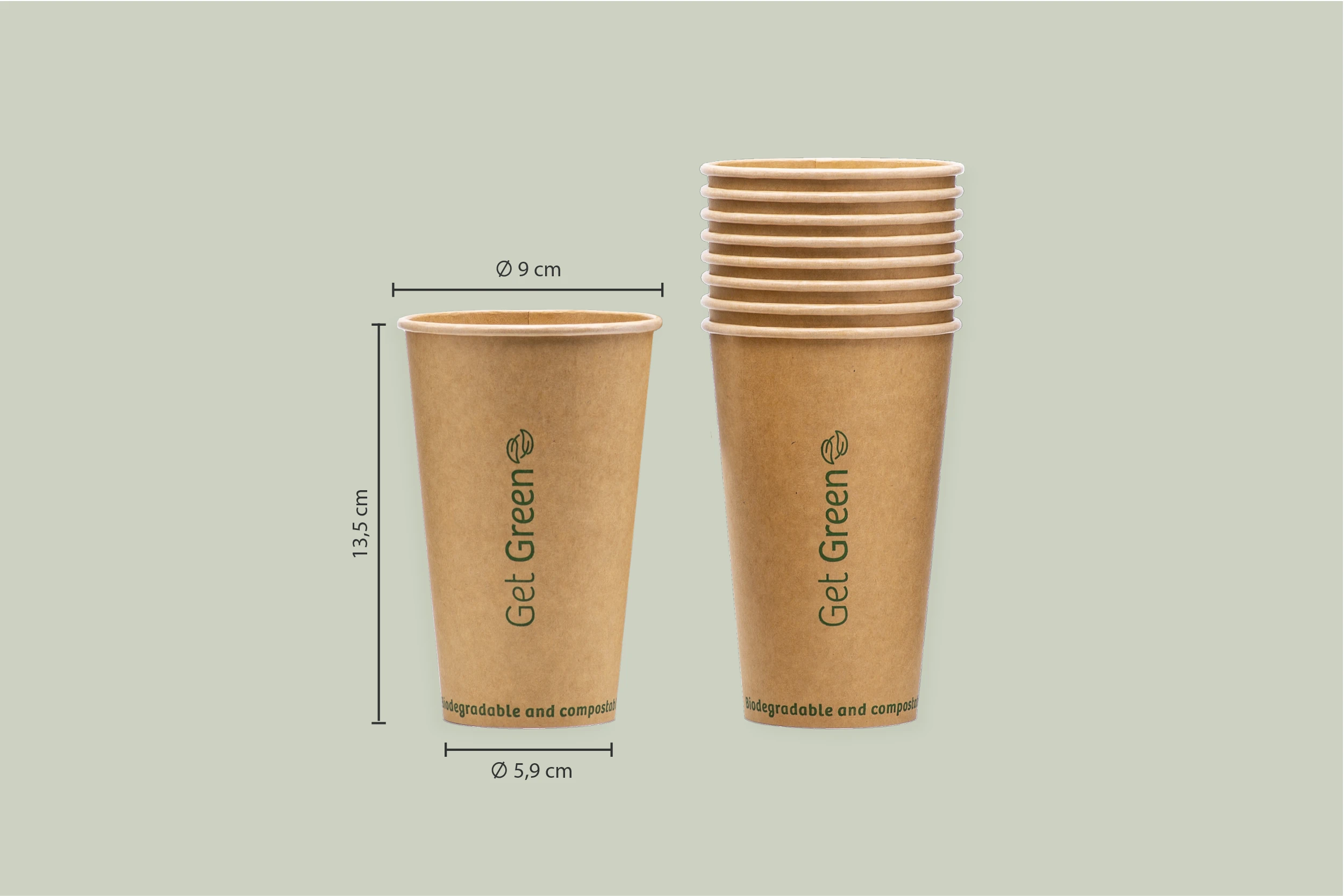 Papp-Trinkbecher GET GREEN, braun, 400 ml, Ø oben 9 x Ø unten 5,9 x Höhe 13,5 cm, 1-wandig (1.000er Karton)
