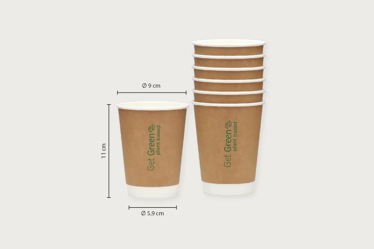 Papp-Trinkbecher GET GREEN, braun, 300 ml, Ø oben 9 x Ø unten 5,9 x Höhe 11 cm, wasserbasierter Beschichtung, 2-wandig, matt (500er Karton)