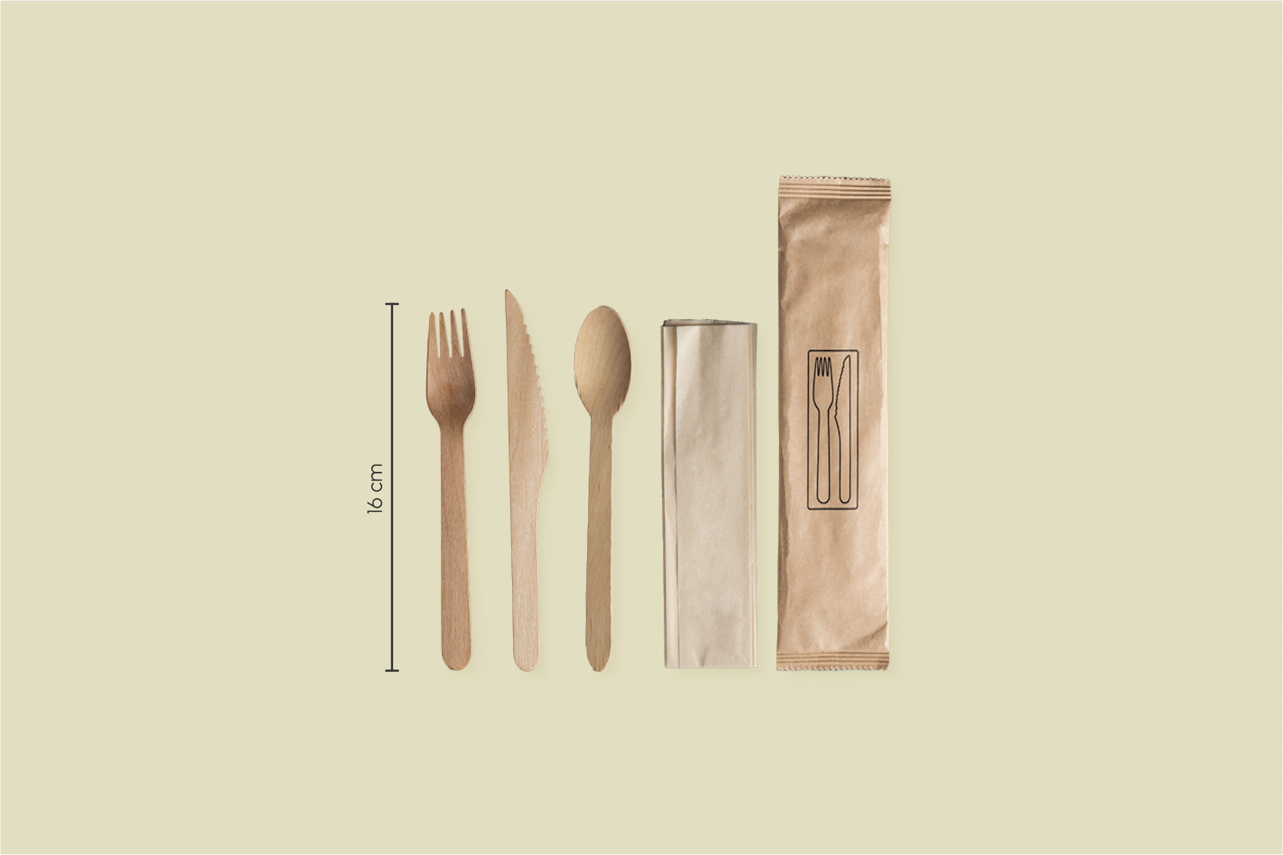 Holzbesteck-Set aus Gabel, Messer, Löffel und Serviette, 16 cm (500er Karton)