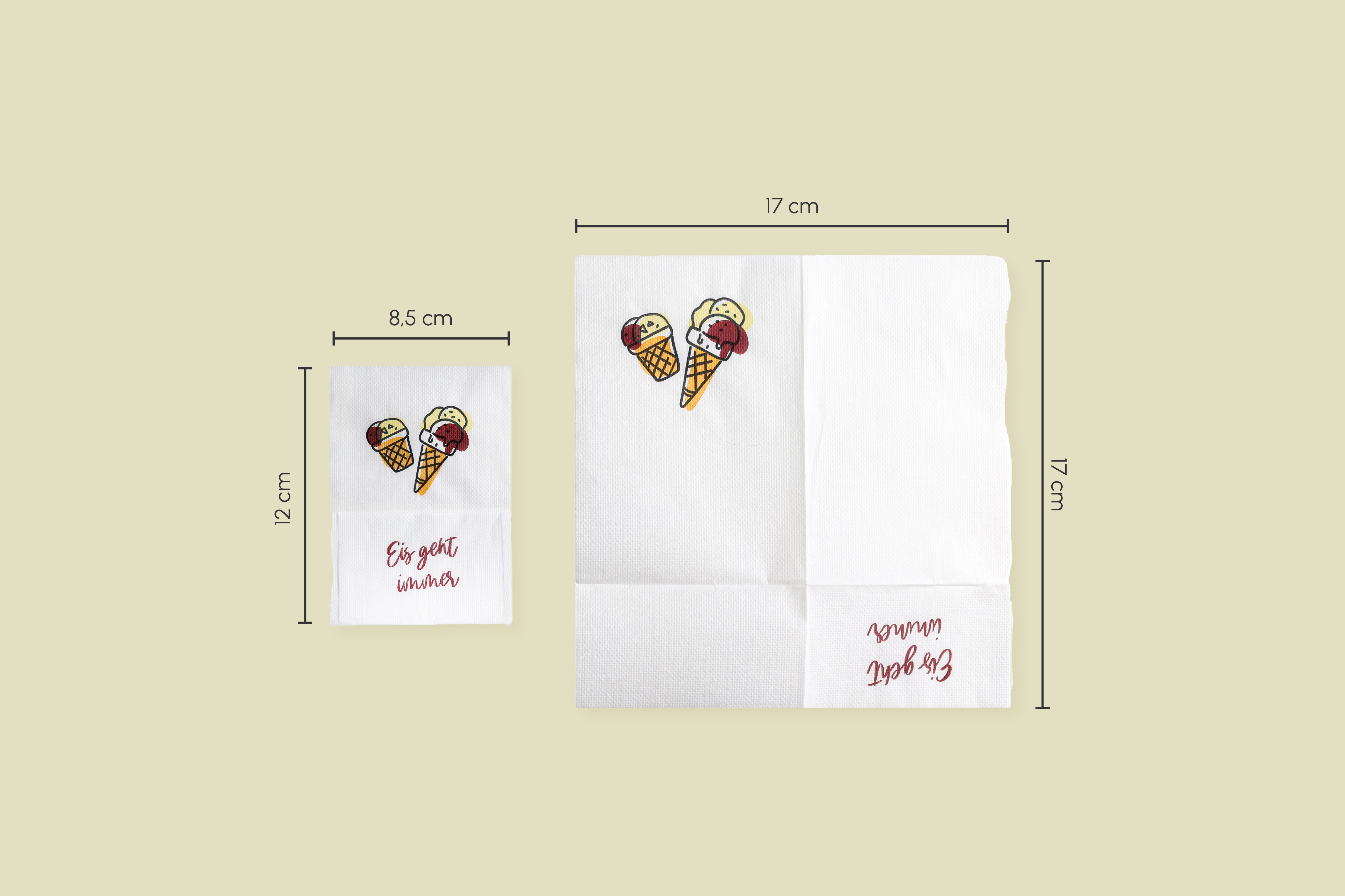 Serviette, weiß, Eis geht immer, L 17 x B 17 cm, gefaltet: L 8,5 x B 12 cm, 1-lagig, 1/4-Falz (12.000er Karton)