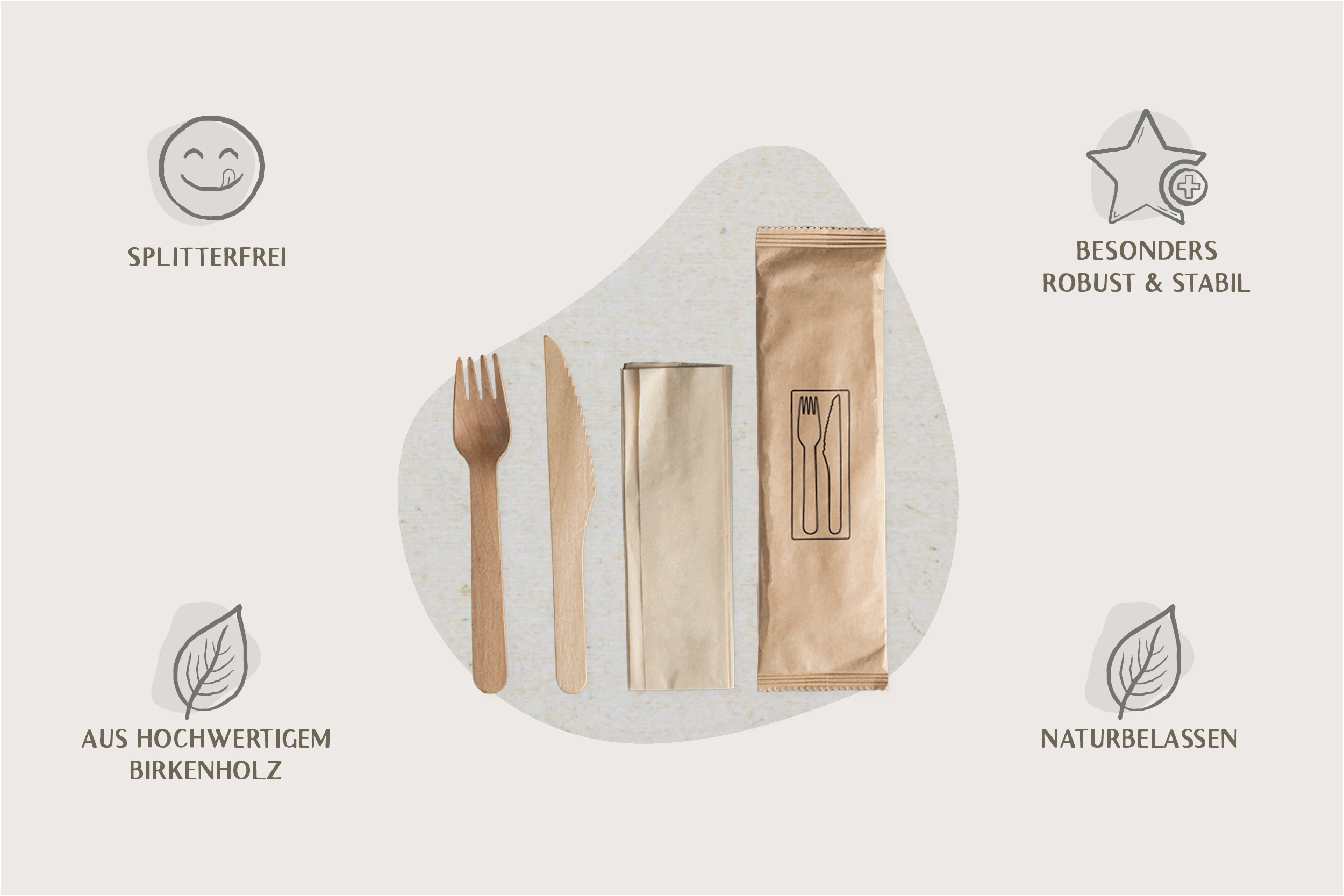 Holzbesteck-Set aus Gabel, Messer und Serviette, 16 cm (500er Karton)