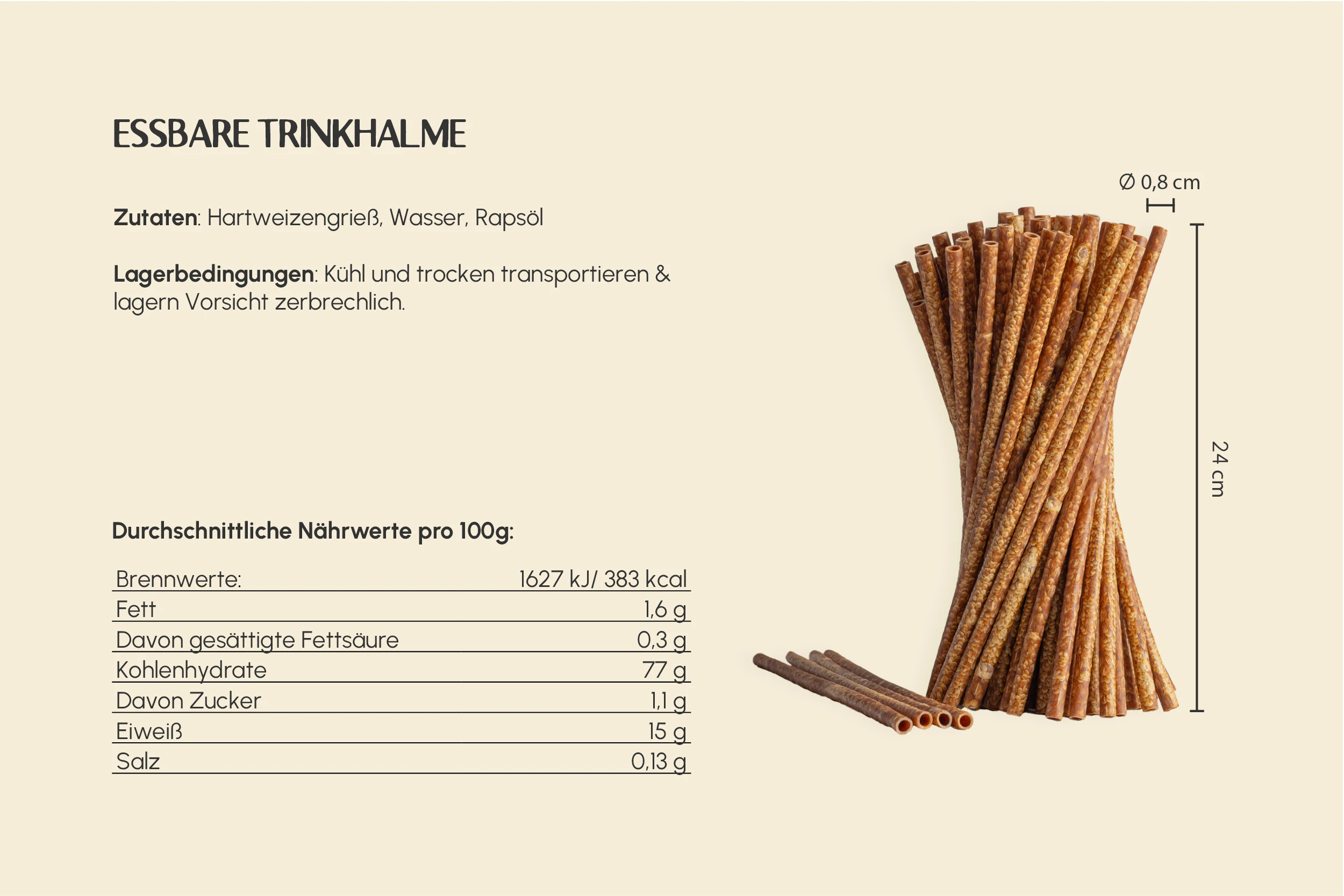 Essbarer Trinkhalm, Ø 0,8 x H 24 cm, Klassik (150er Packung)