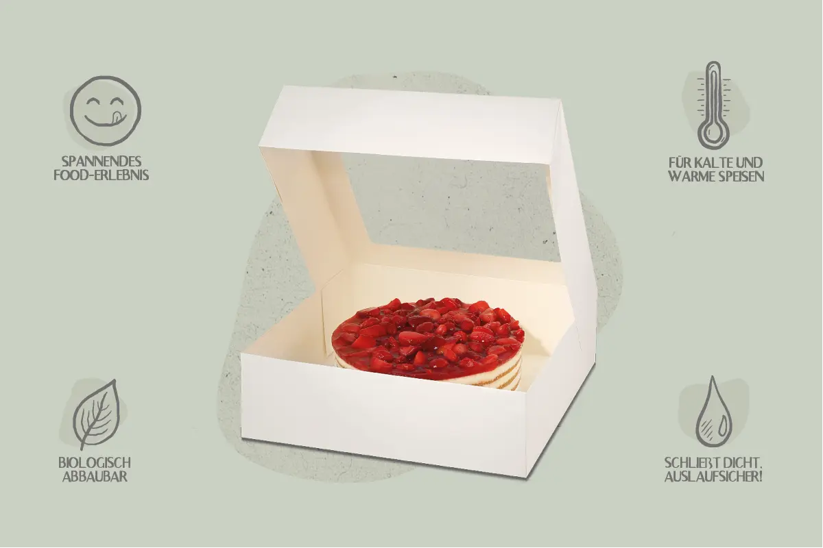 Papp-Tortenkarton mit Sichtfenster, weiß, L 29,5 x B 29,5 x H 8,7 cm (Sichtfenstergröße: L 22,7 x B 21,5 cm) (192er Karton)