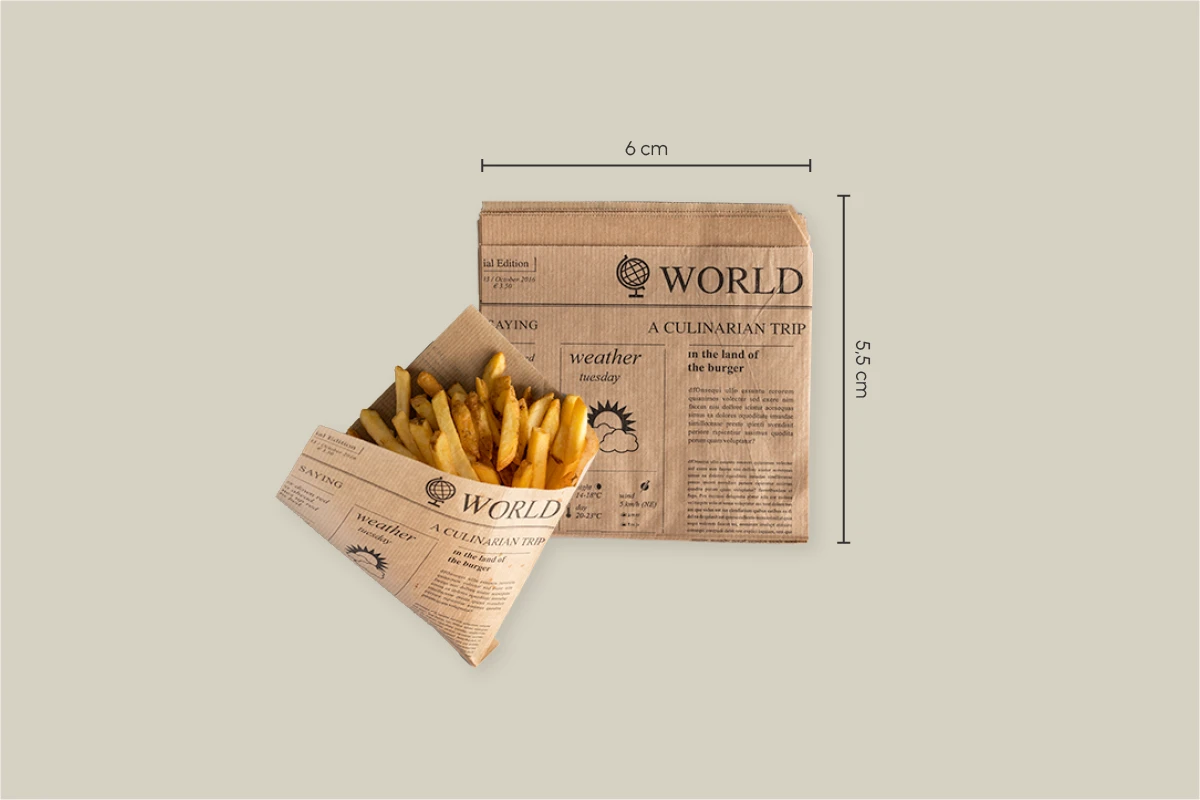 Snackbeutel, Newspaper Motiv, braun, 15 x 16 cm, Kraft, 2-seitig offen, fettdicht (1.000er Karton)