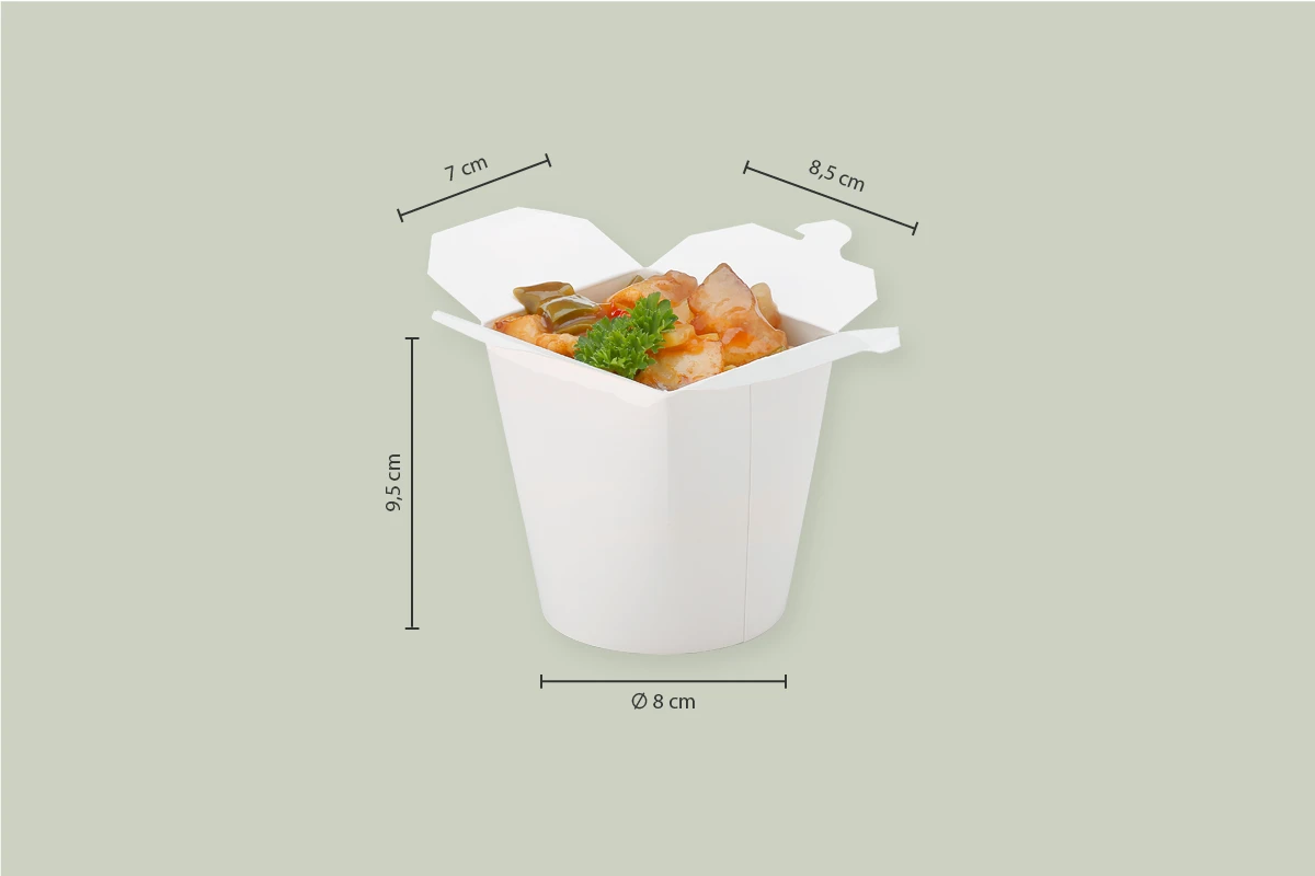 Papp-Asia Box, weiß, 450 ml, L 7,7 x B 7,7 x H 10 cm, PE-Beschichtung, matt (500er Karton)