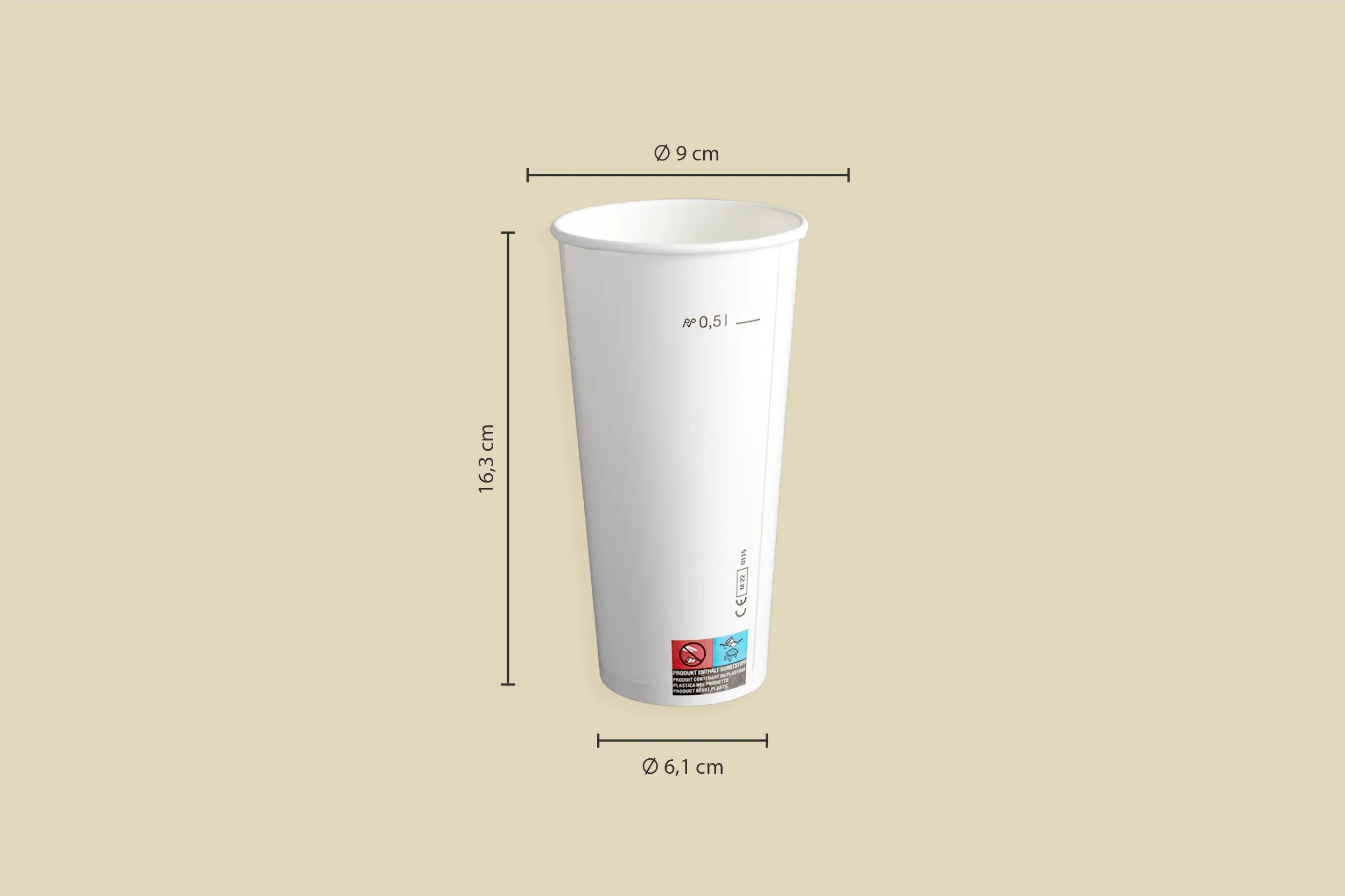 Papp-Trinkbecher für Kalt- & Heißgetränke, weiß, 500 ml, Ø oben 9 x Ø unten 6,1 x Höhe 16,3 cm, 1-wandig (1.000er Karton)