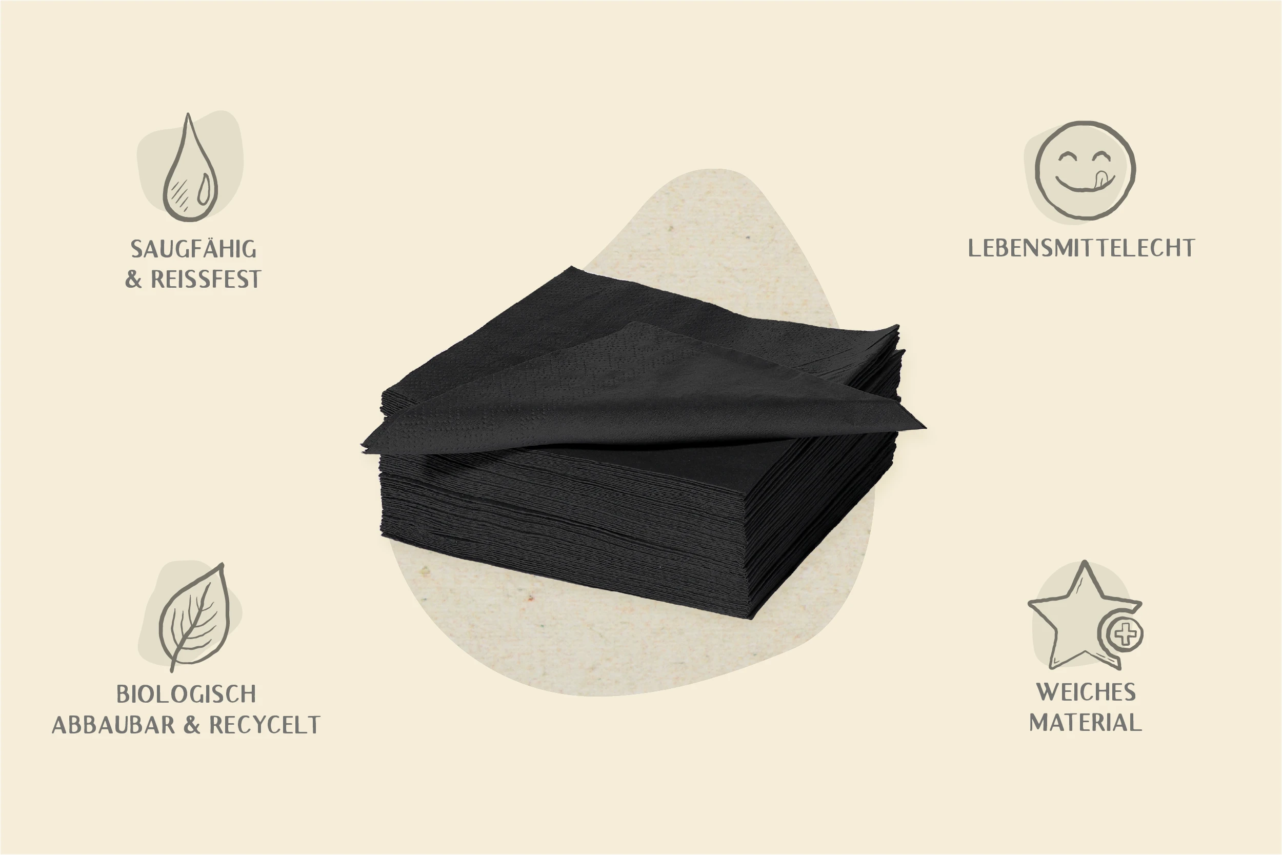 Serviette, schwarz, L 24 x B 24 cm, unbedruckt, 2-lagig, 1/4-Falz, weich und saugfähig (2.400er Karton)