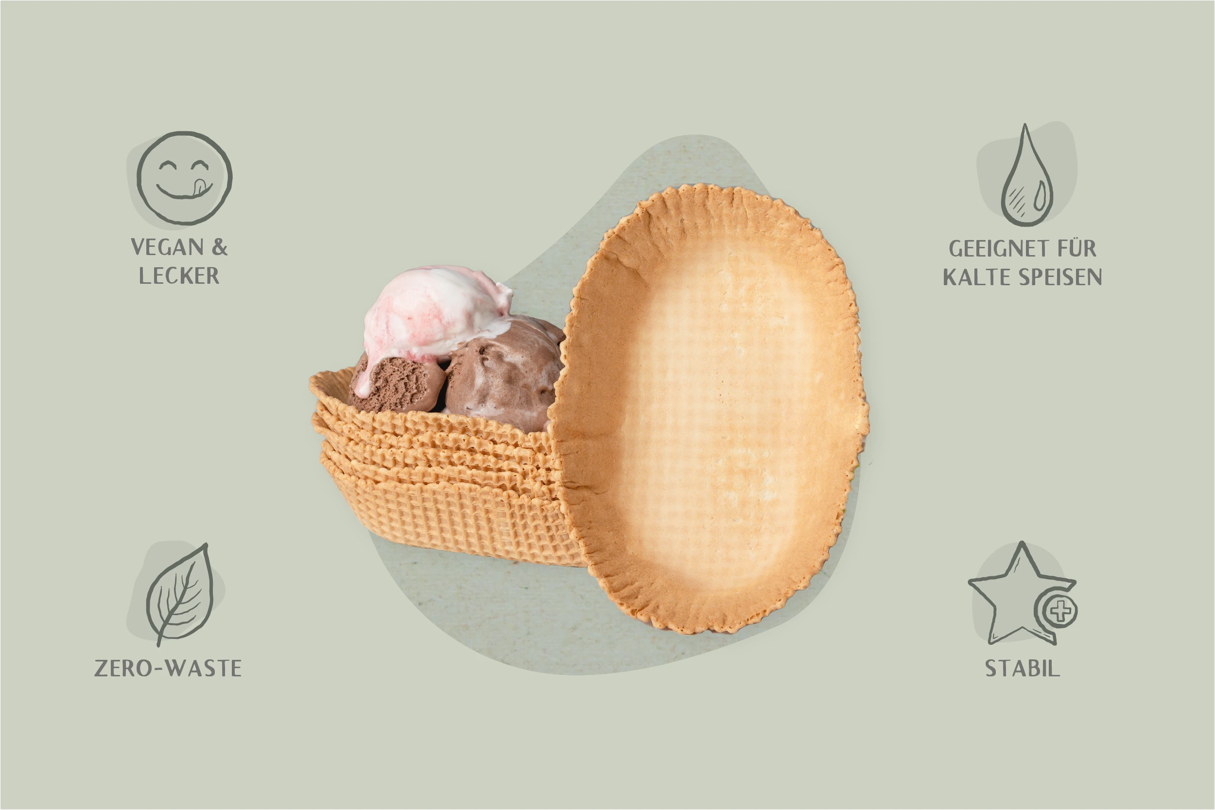 Vegane Waffelbecher, süß, oval, Ø oben 14,7 x Ø unten 5 x Höhe 3,5 cm, für 5-7 Kugeln, Kt. Nr. VEG 44 (180er Karton)