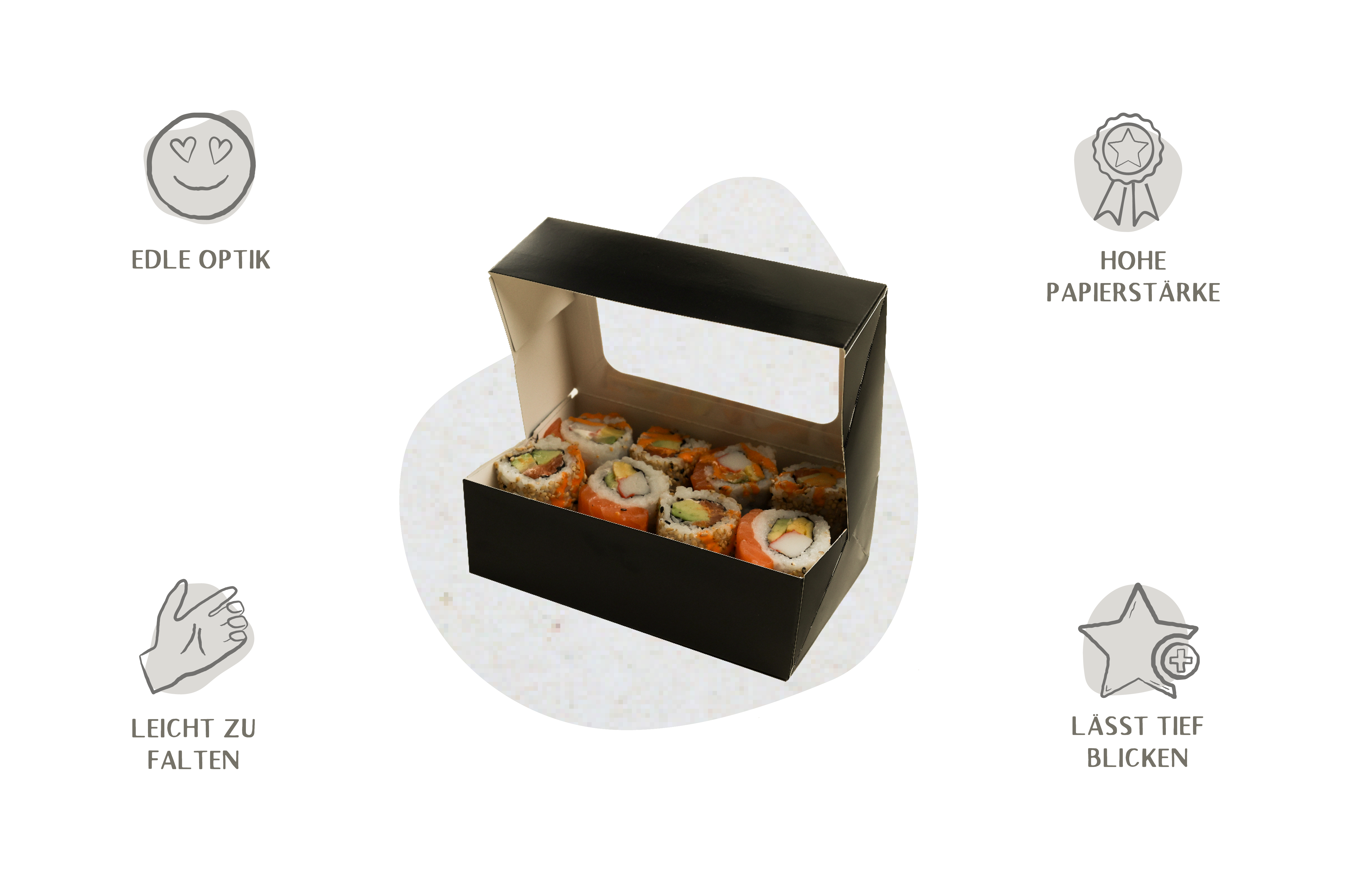 Sushi-Box mit Sichtfenster, schwarz, Pure Putzkartell, L 16 x B 10 x H5 cm, unbedruckt, matt (300er Karton)