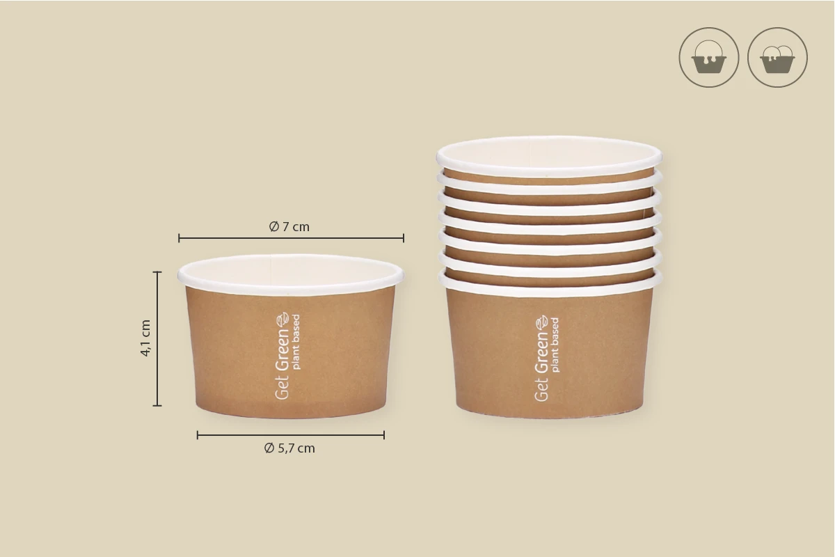 Papp-Eisbecher GET GREEN, braun, 100 ml, Ø oben 7 x Ø unten 5,7 x Höhe 4,1 cm, mit wasserbasierter Beschichtung, matt (1.000er Karton)