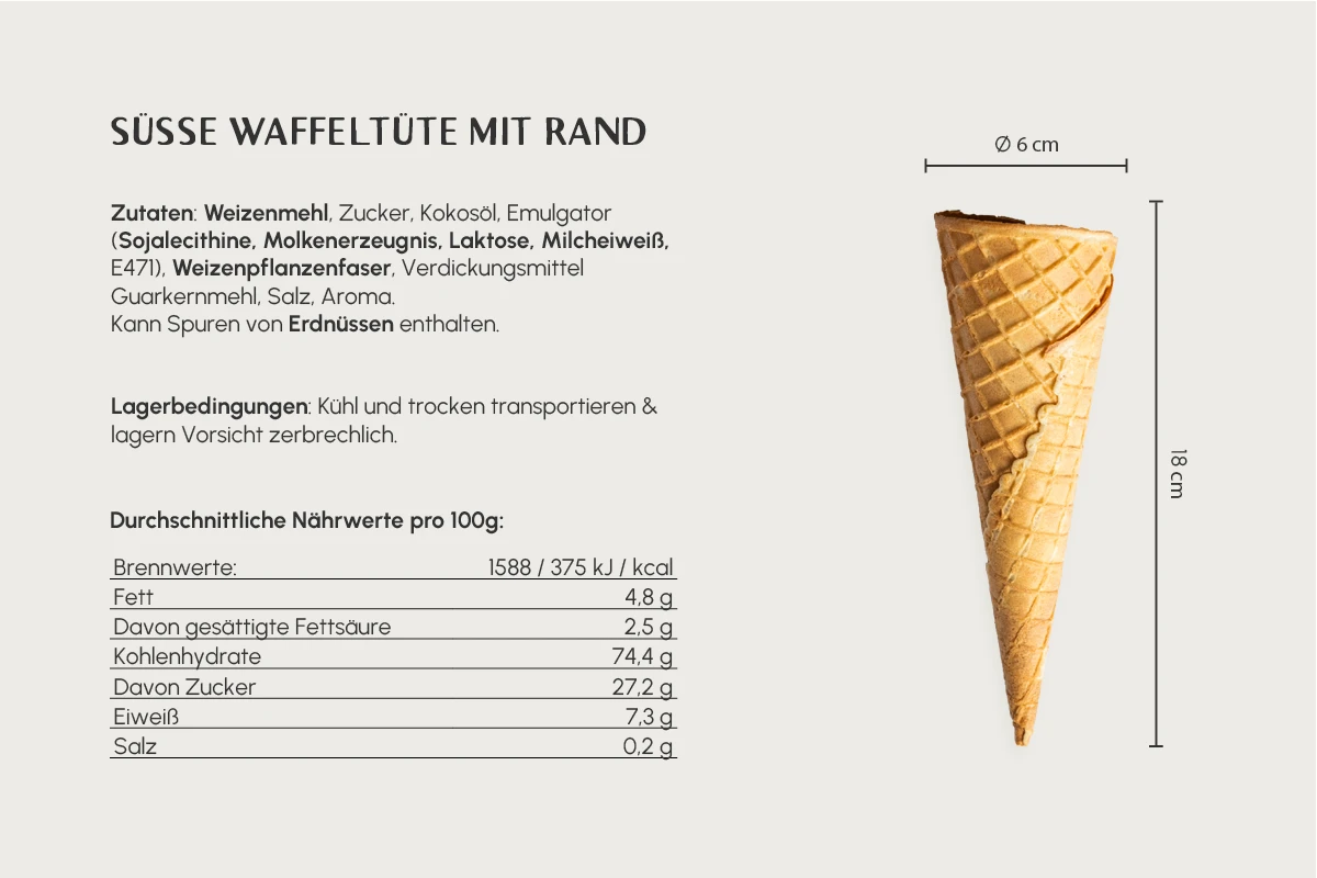 Süße Waffeltüte, hell, Ø 6 x H 18 cm, große Karo, mit Rand, für 1-2 Kugeln, Kt. Nr. 103 (224er Karton)