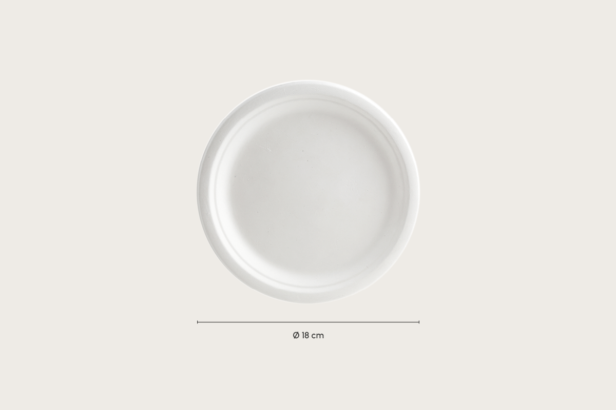 Zuckerrohr-Teller, weiß, Ø 18 cm (500er Karton)